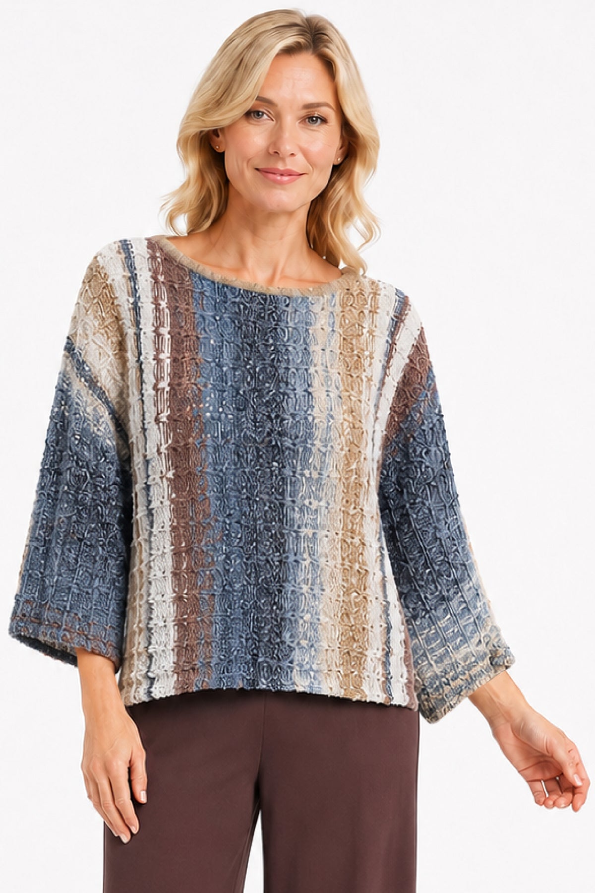 Blue/Multi Round Neck Sweater Popover - Missy