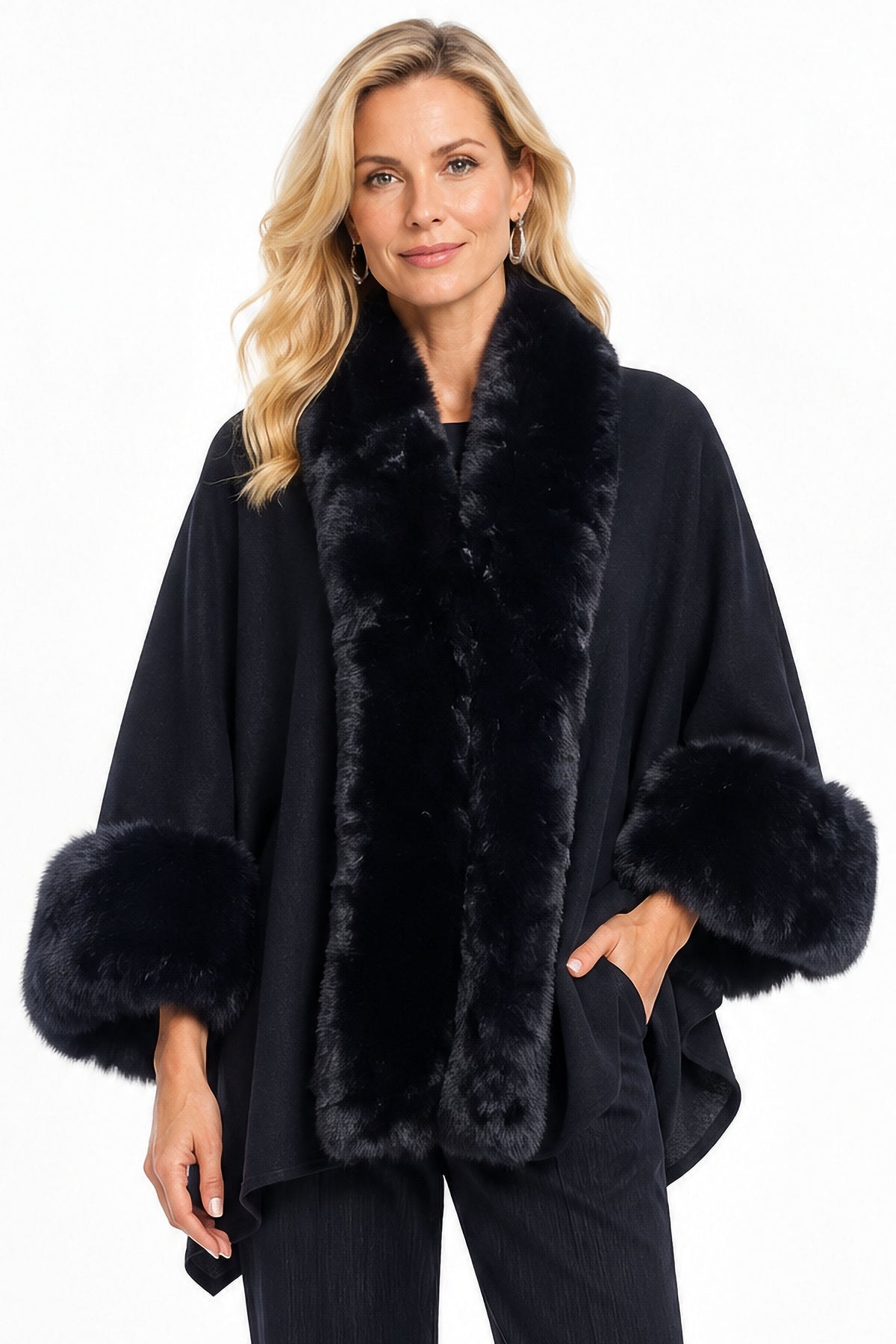 Black Plush Trim Cuffed Open Front Jacket