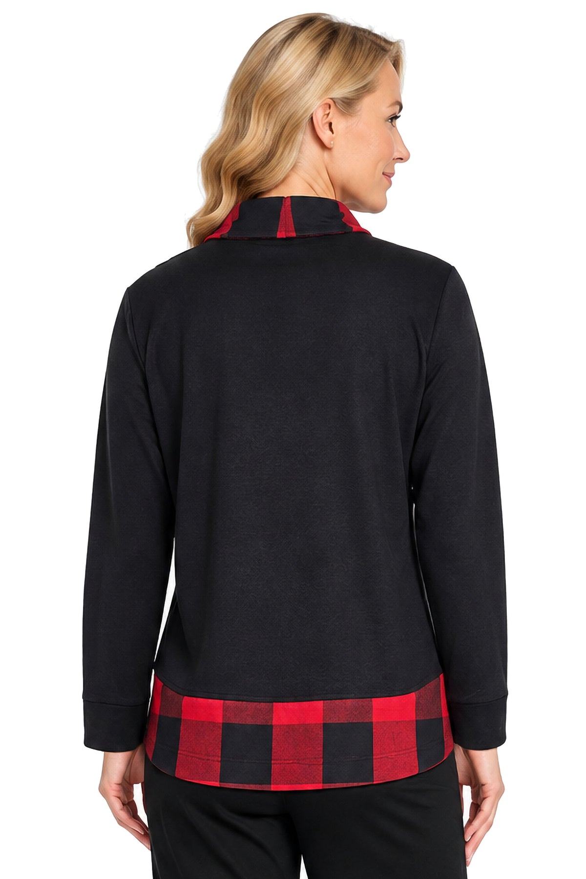 Black/Red Print Buffalo Plaid Inset Cowl Neck Top, back view