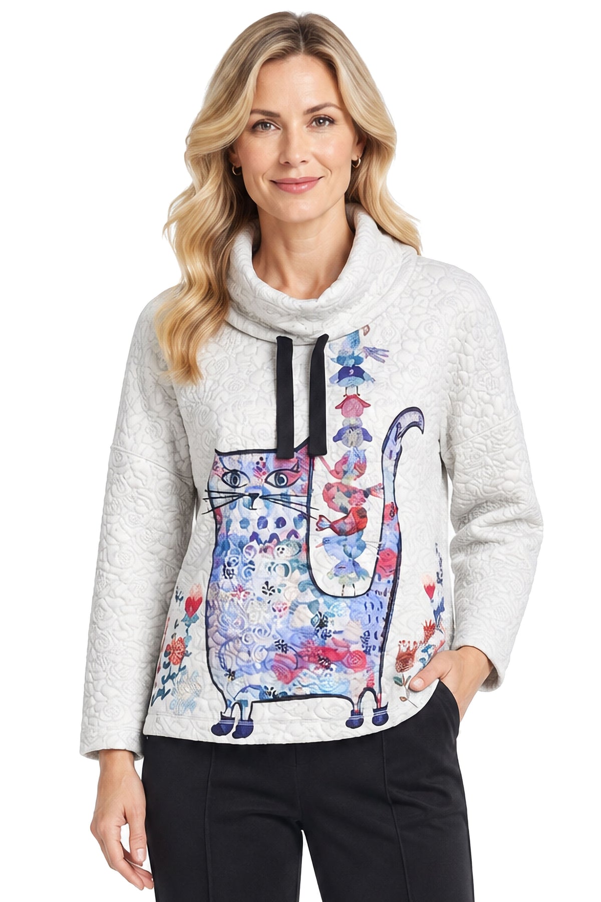 Cream Quilted Drawstring Cowl Neck Top