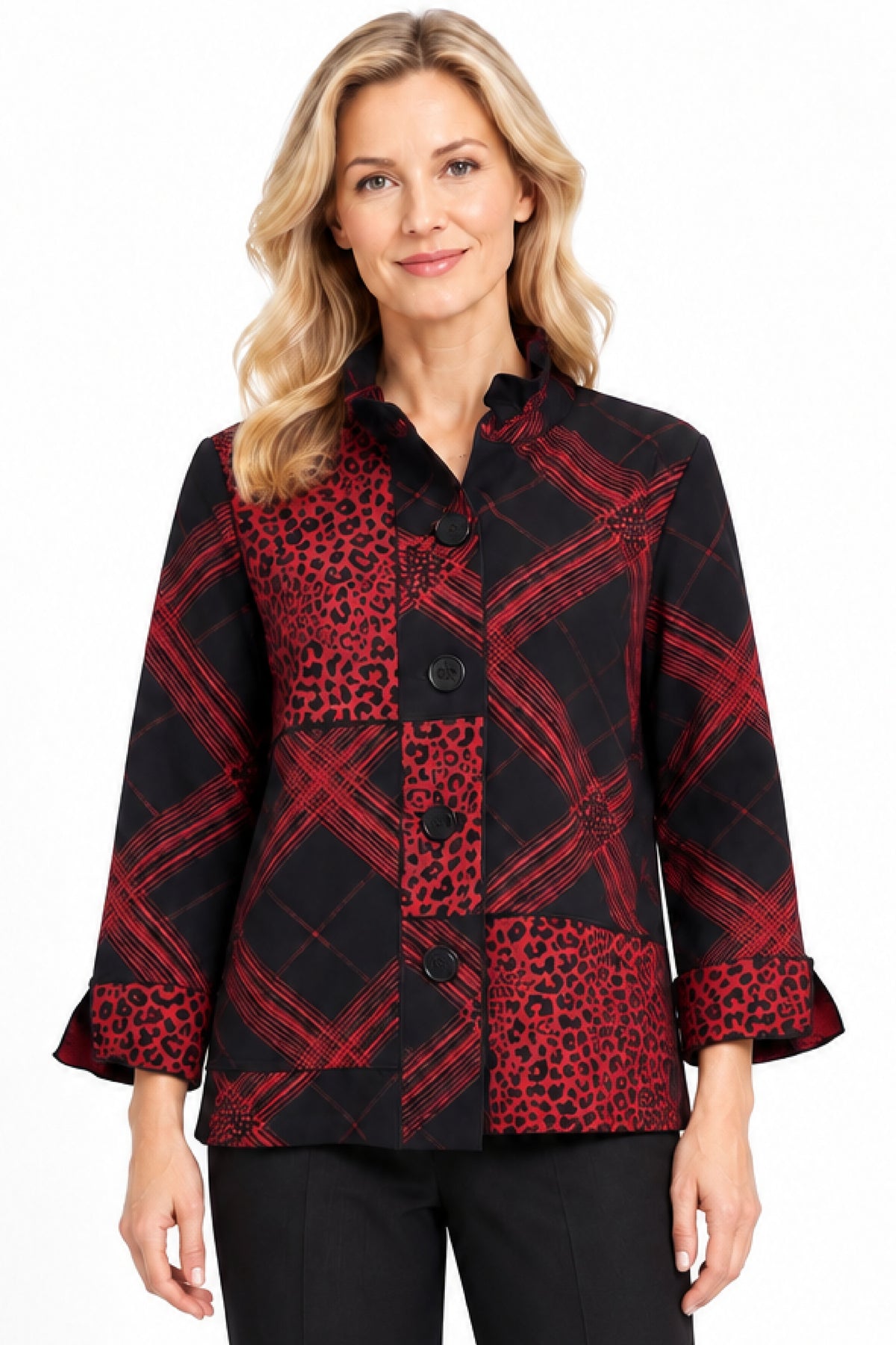 Black/Red Print Jacquard Button Front Top