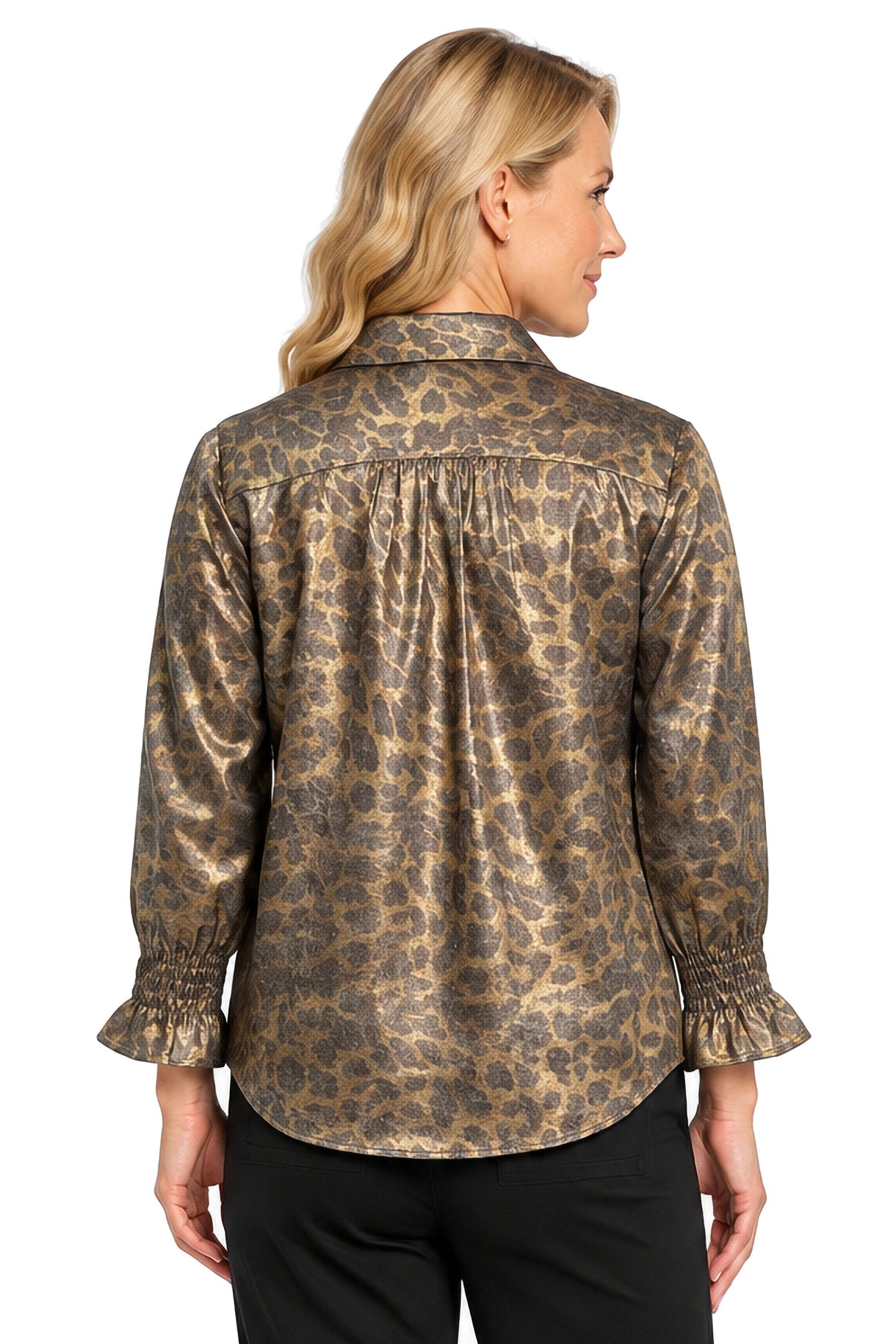 Leopard Shine Button Front Top, back view
