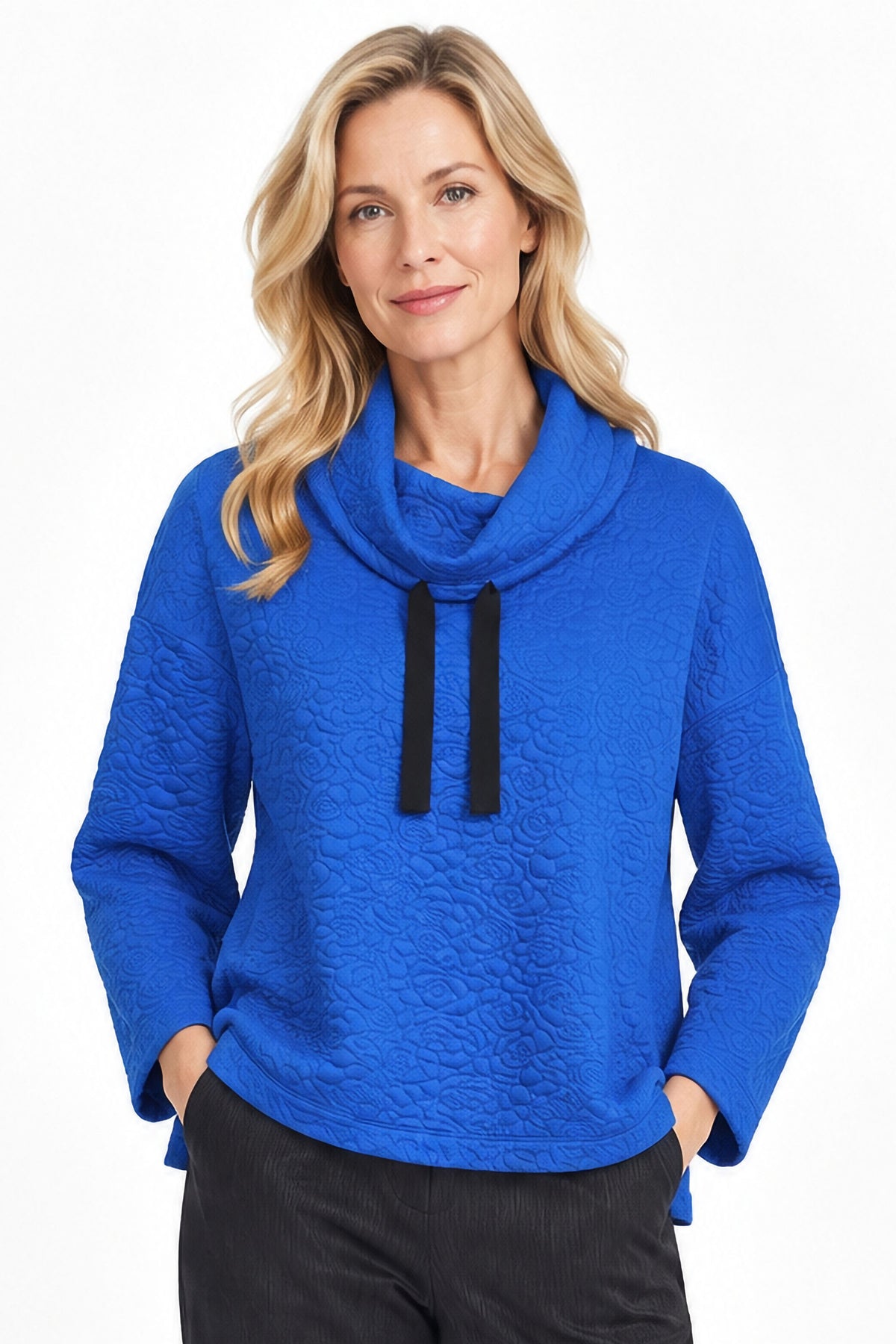 Cobalt Quilted Drawstring Cowl Neck Top