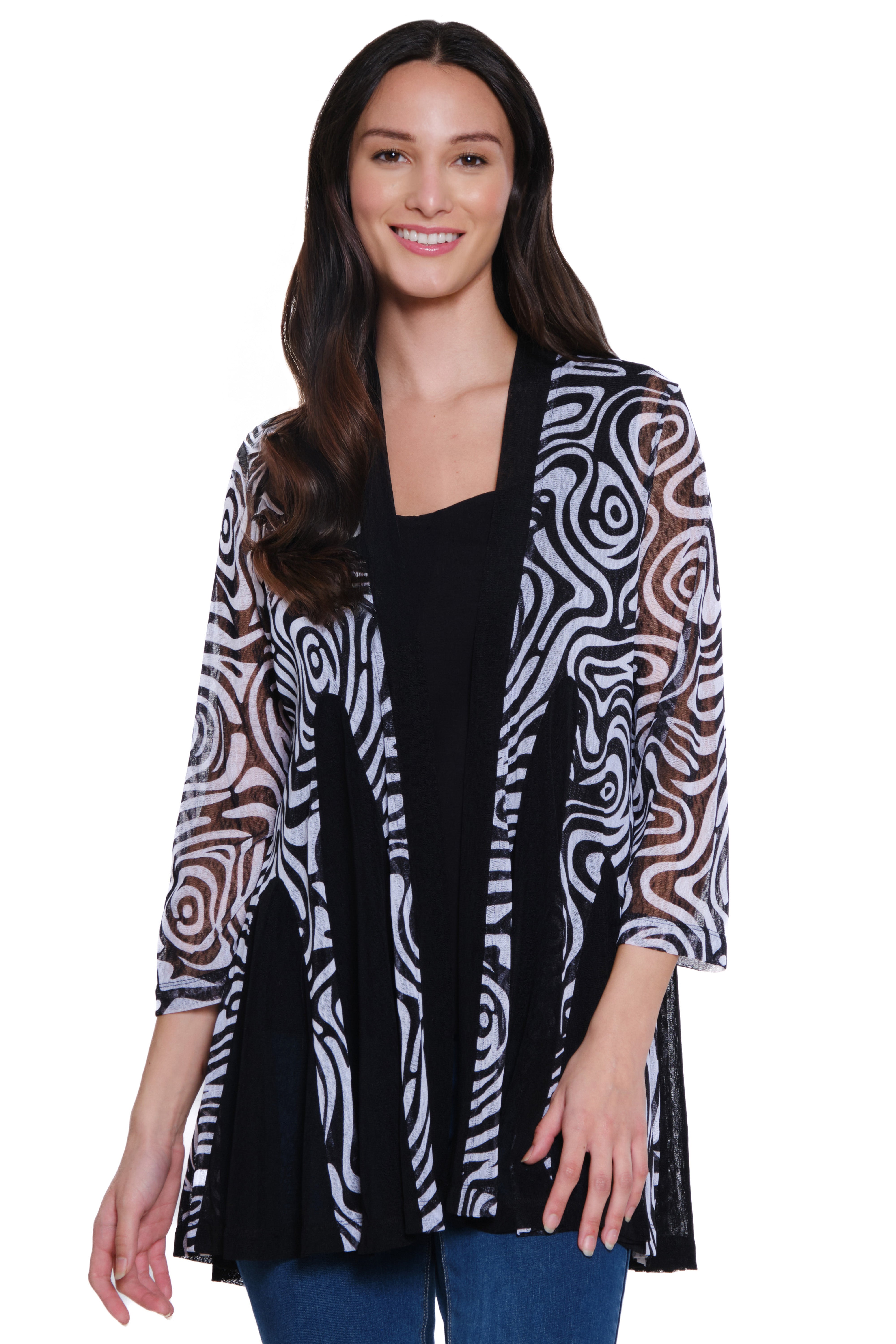 Printed Mesh Open Front Kimono - Black/White Print