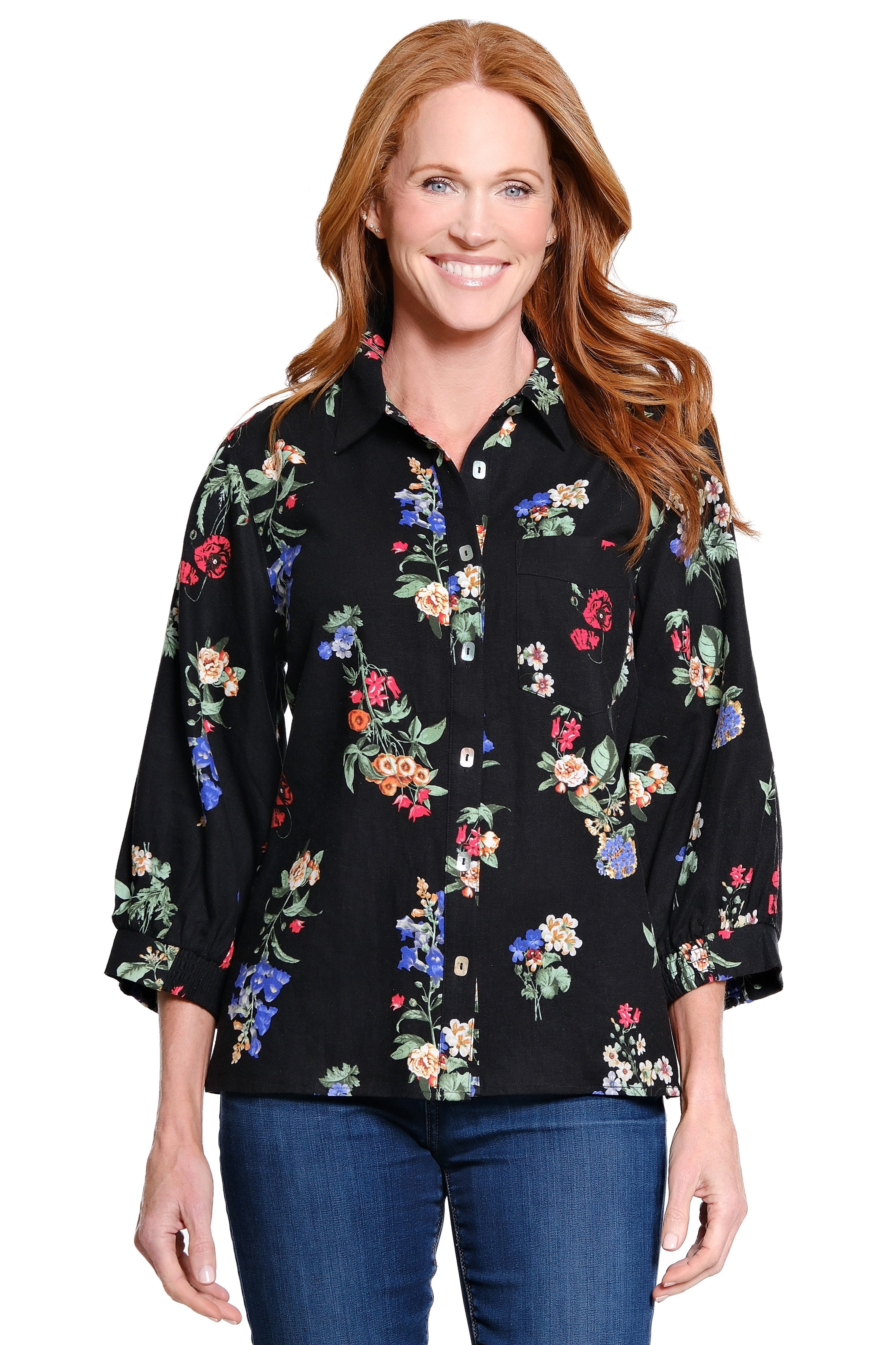 Print Point Collar Tunic - Black Multi