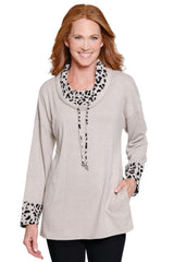 Knit Cowl Neck Tunic - Petite - Neutral Animal Print