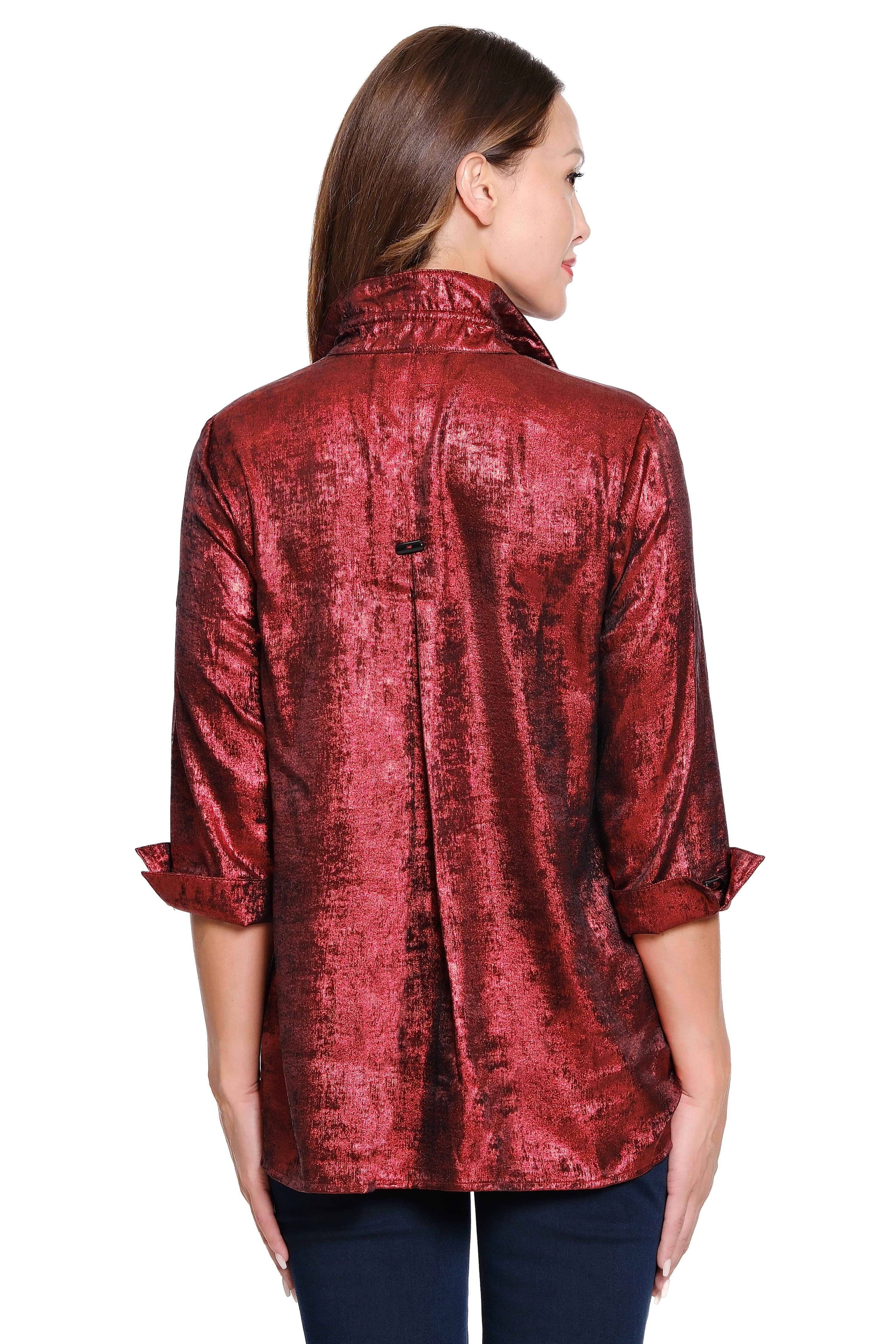 Shimmer Button Front Tunic - Petite - Crimson