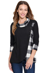 Plaid Cowl Neck Top - Plus - Black/White