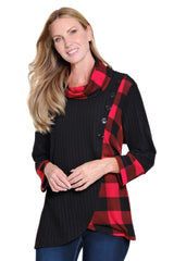 Plaid Cowl Neck Top - Plus - Black/Red Print