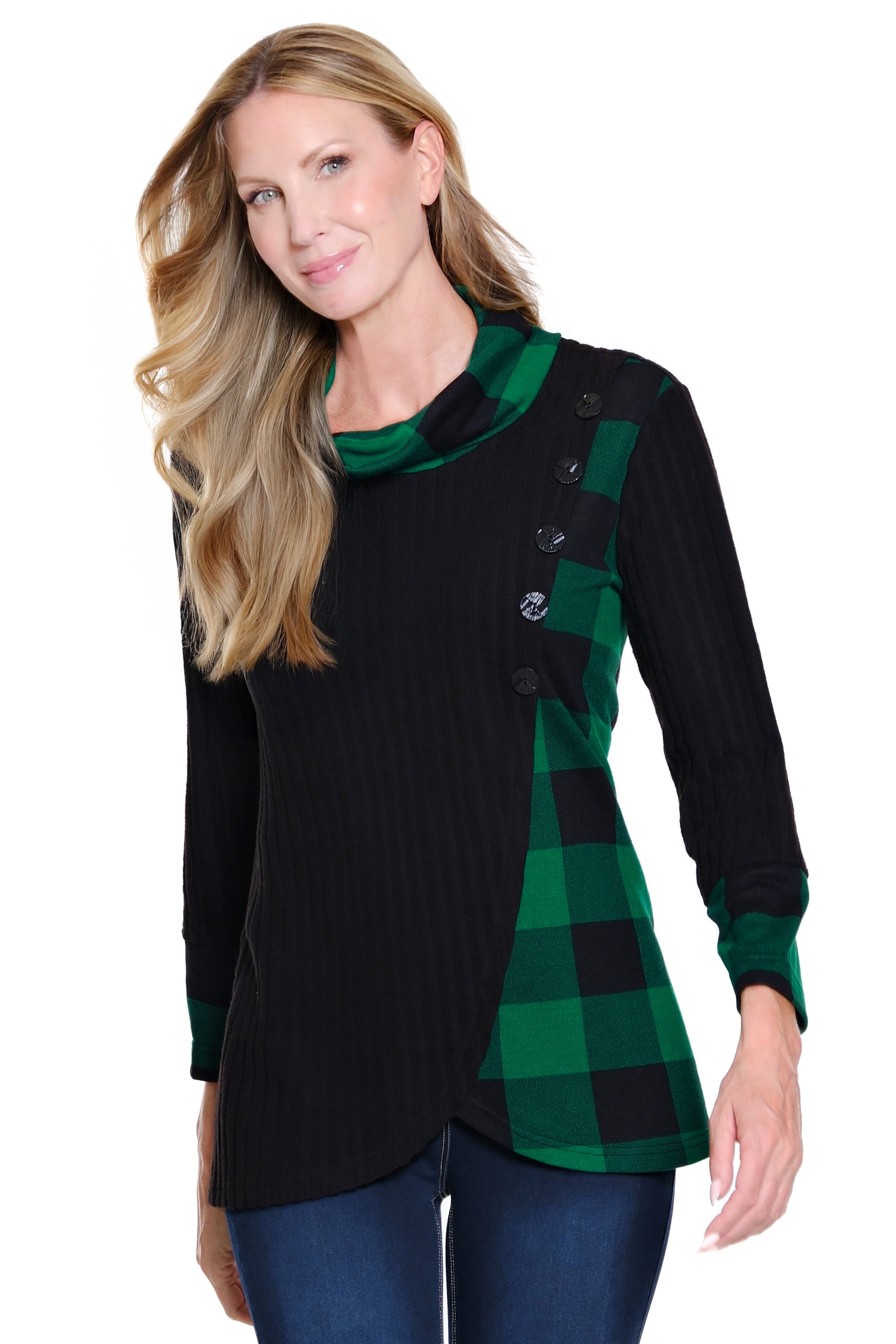 Plaid Cowl Neck Top - Green
