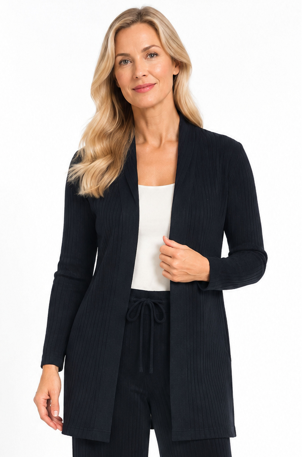 Black Ribbed Open Front Cardigan - Missy