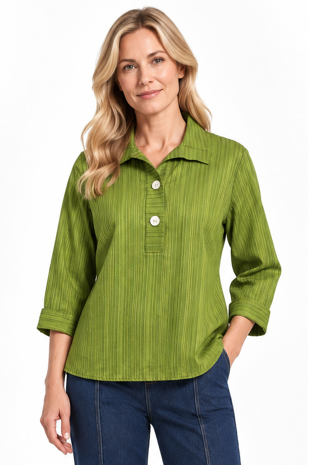 Apple Green Striped Button Front Top - Missy