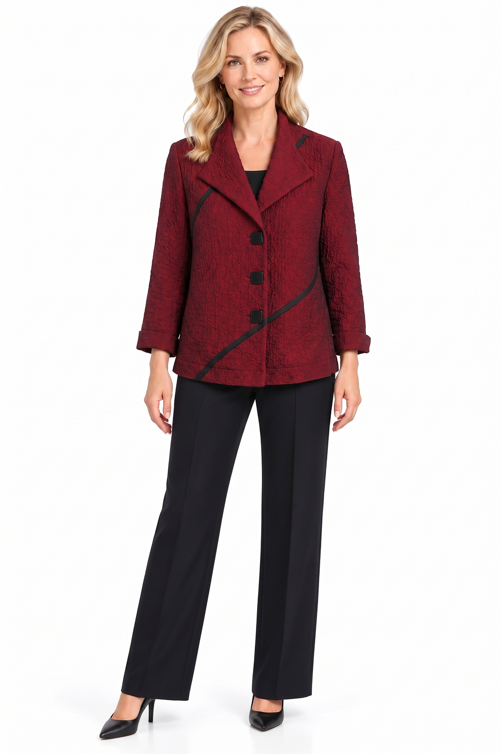 Fiery Red Textured Jacket & Black Knit Pant Outfit