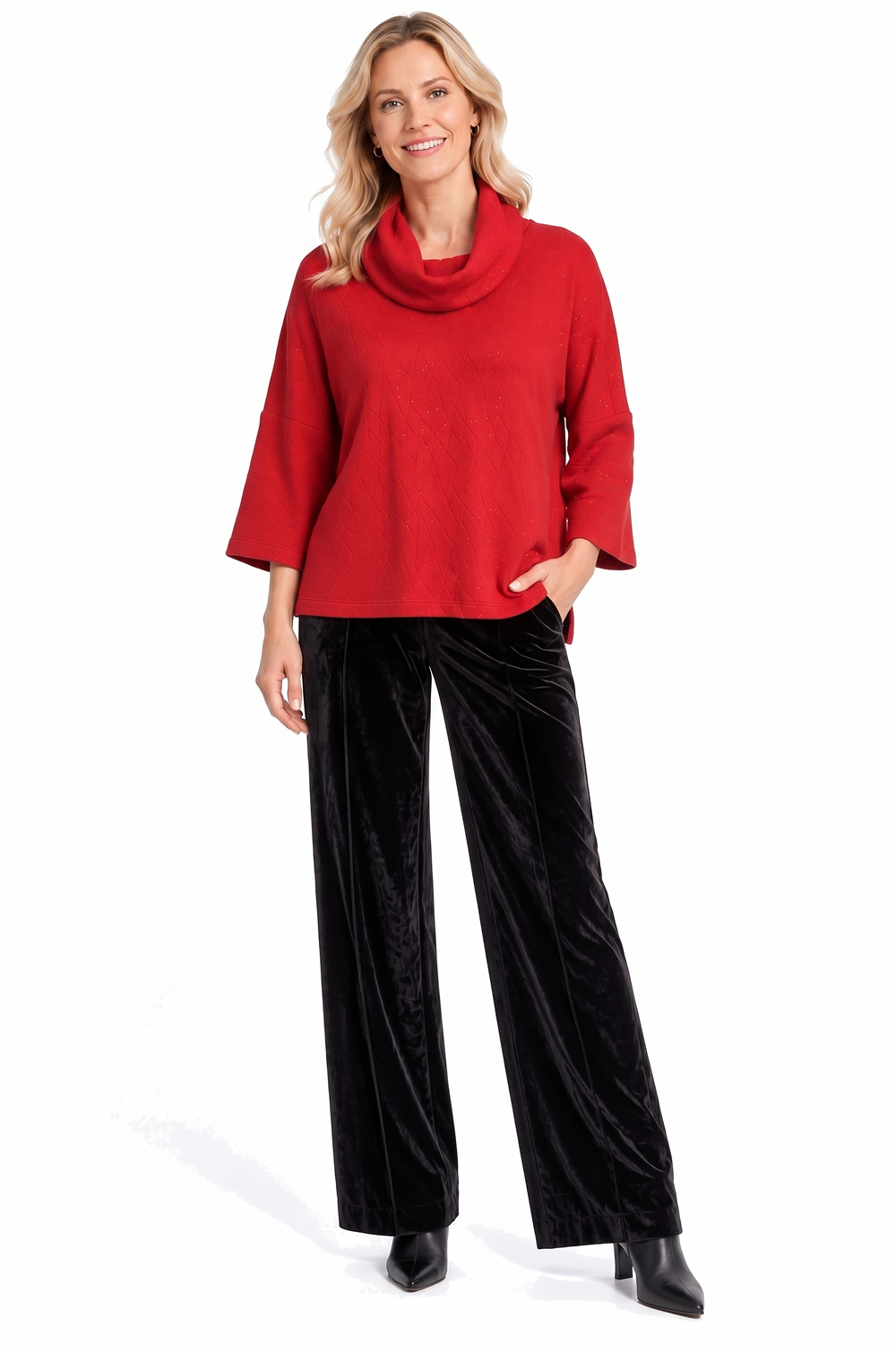 Red Sparkle Sweater & Black Velvet Pant Outfit