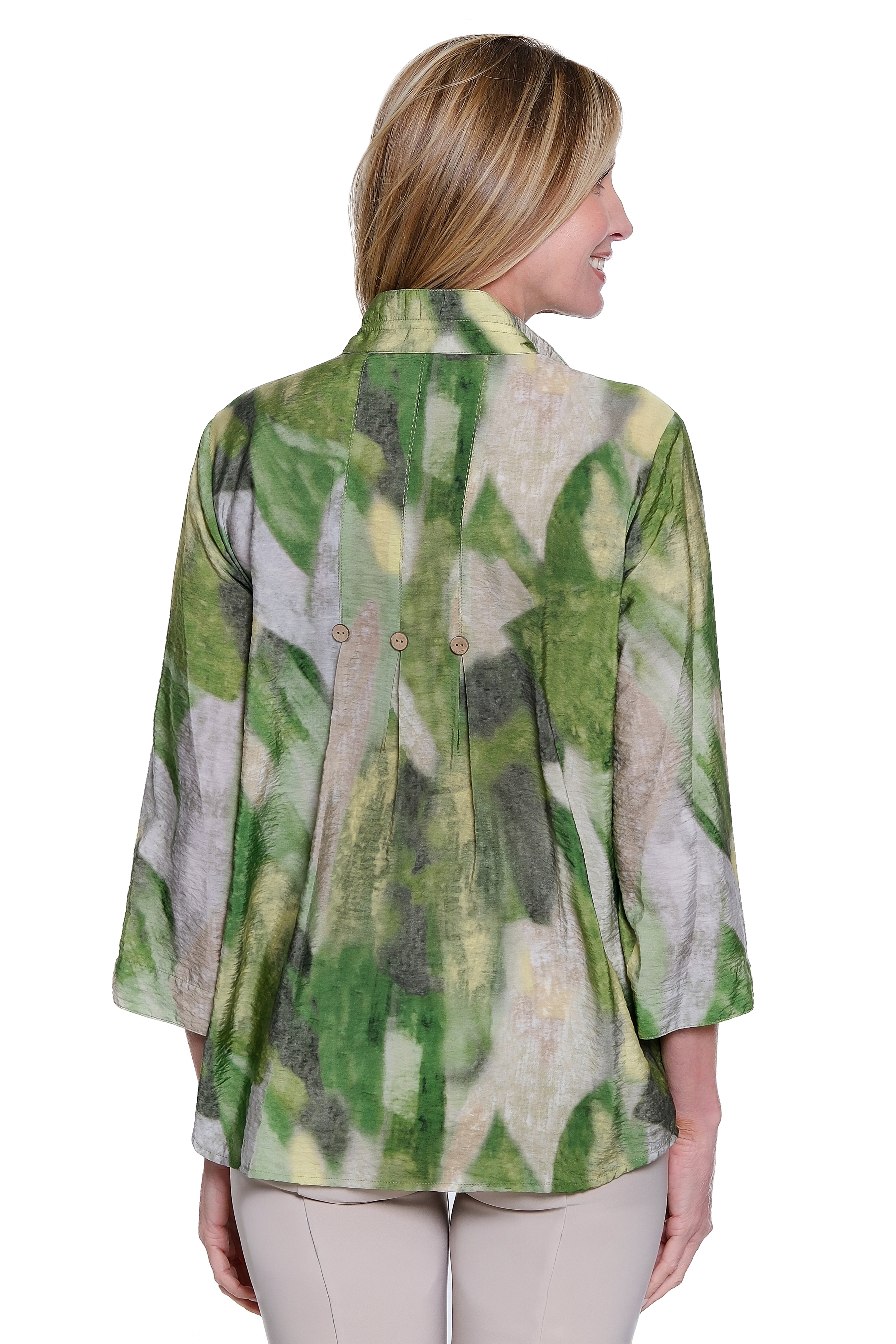 Printed Button Front Blouse - Green Print - view 2