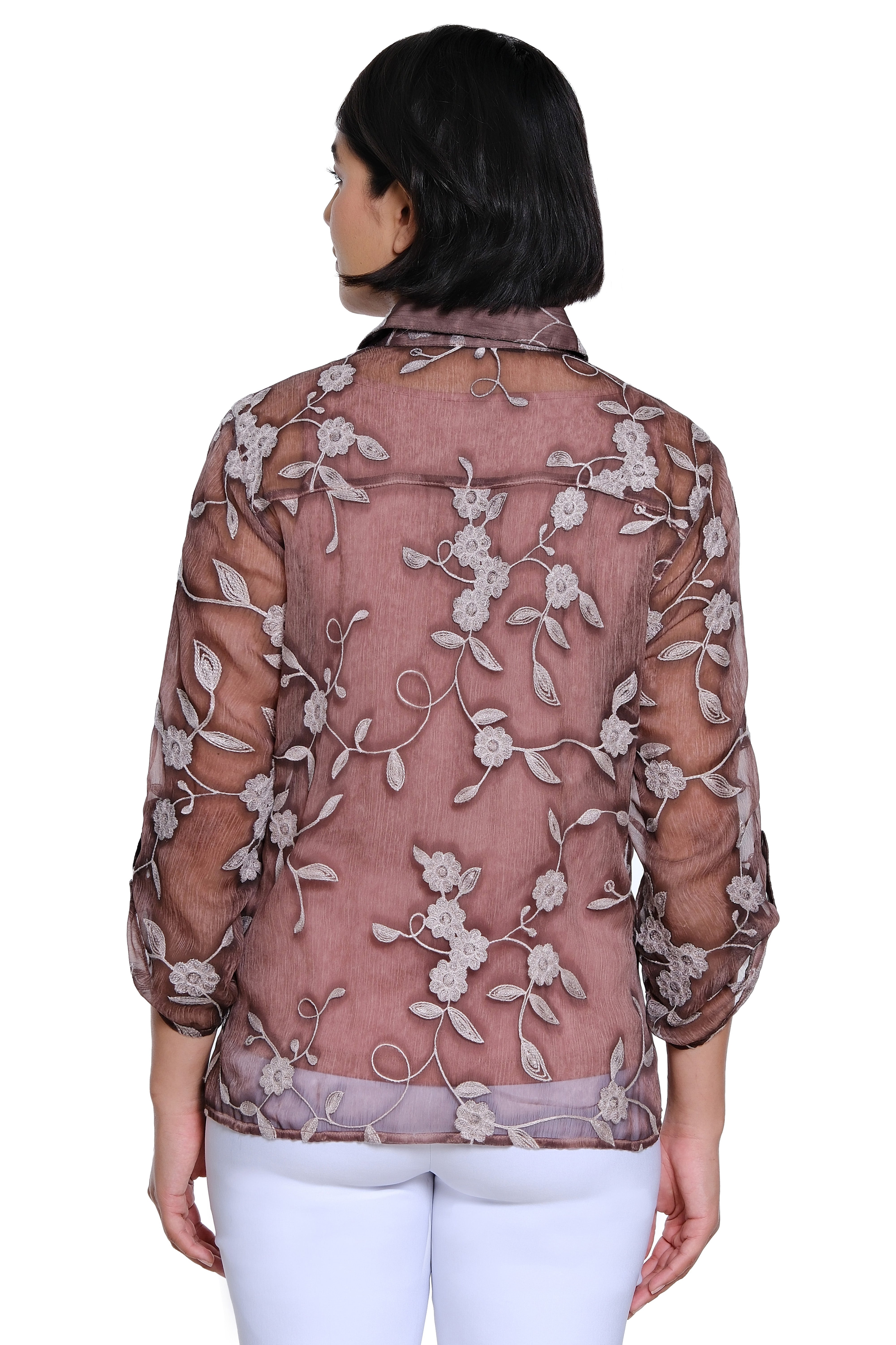 Embroidered Button Front Top - Dusty Aubergine - view 2