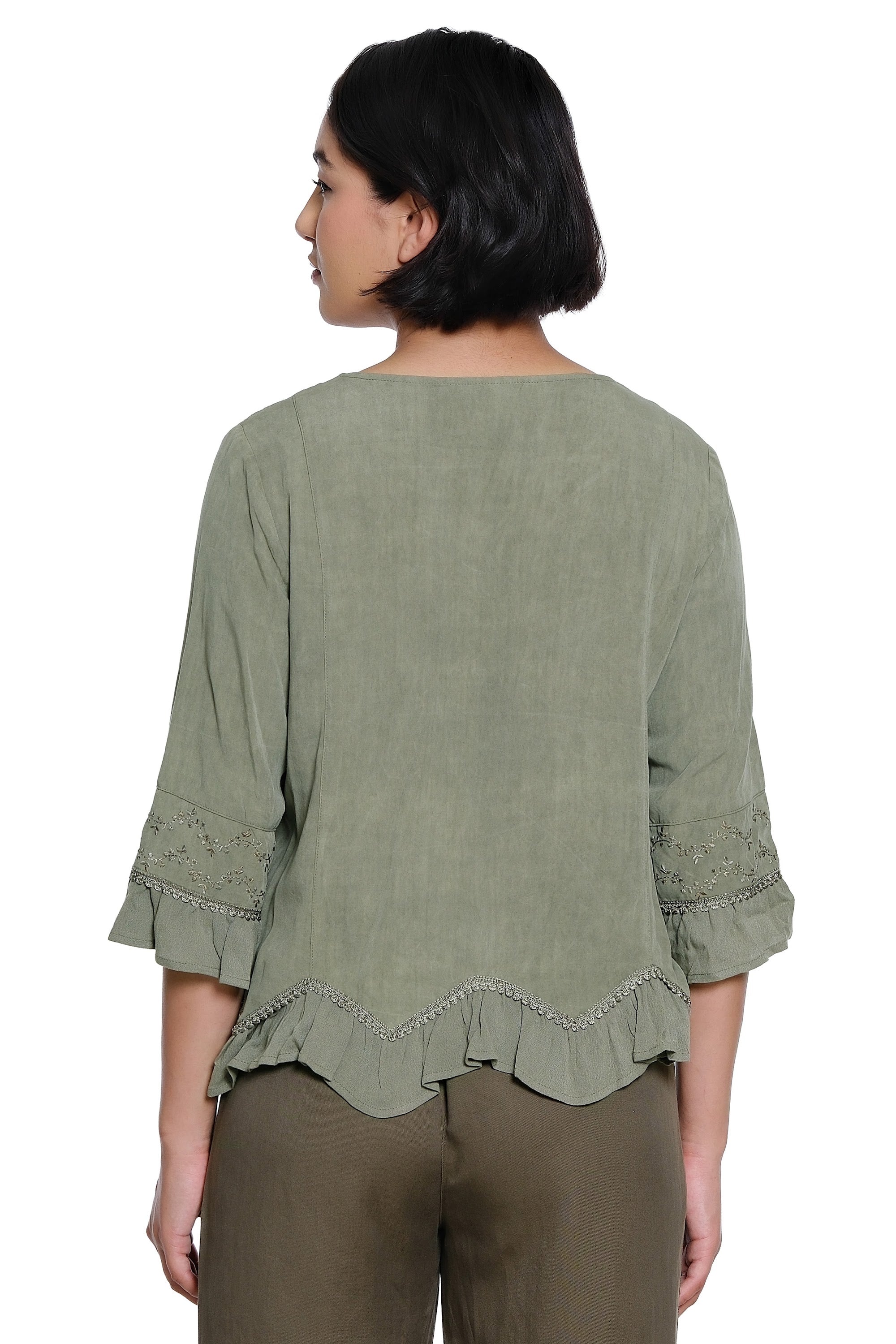 Woven Button Front Top with V-Neck Embroidery and Handkerchief Hem - Sage Green - view 2