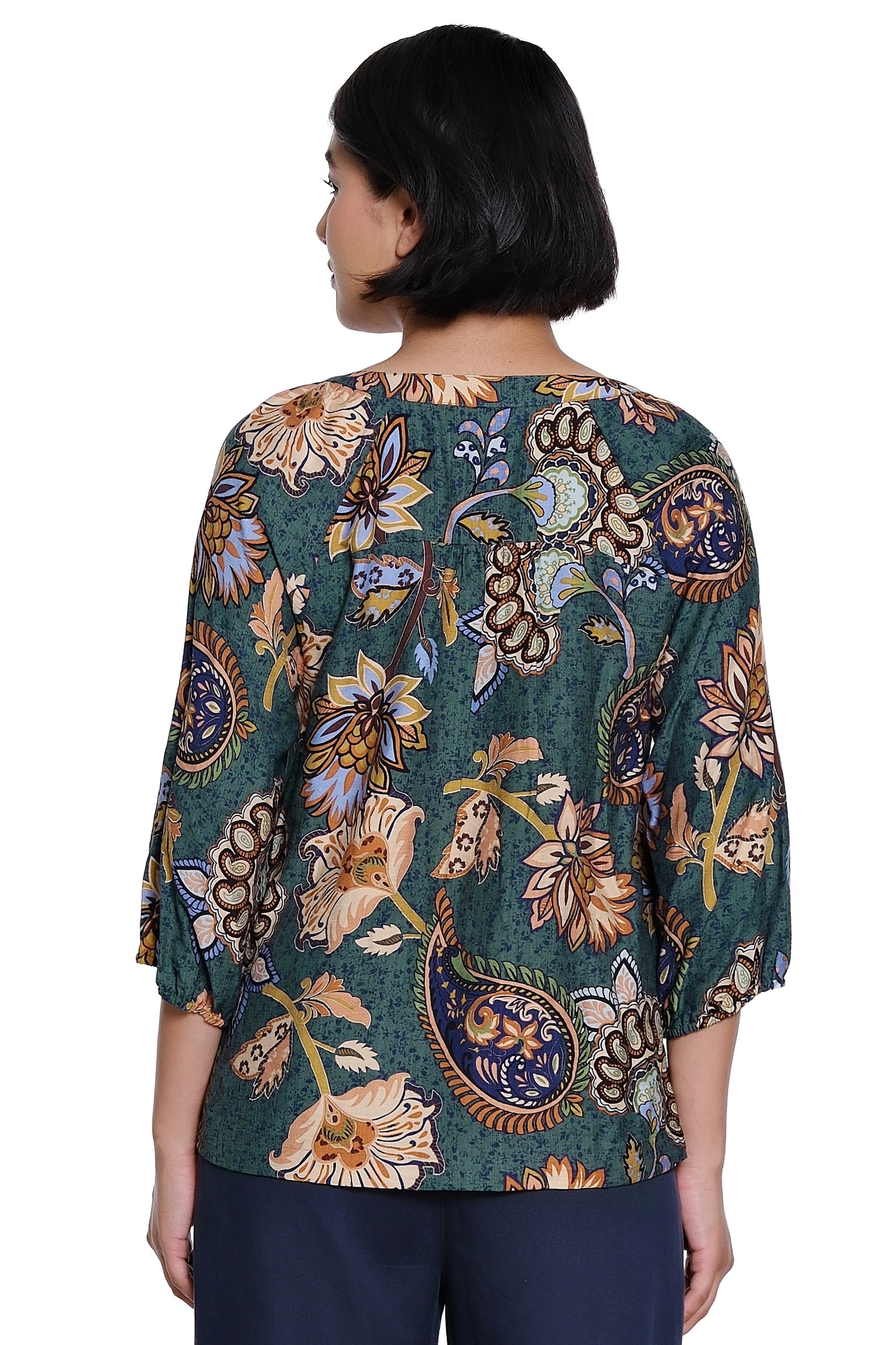 Printed Woven Popover with V-Neck and Raglan 3/4 Sleeves - Plus - Floral Multi - view 2