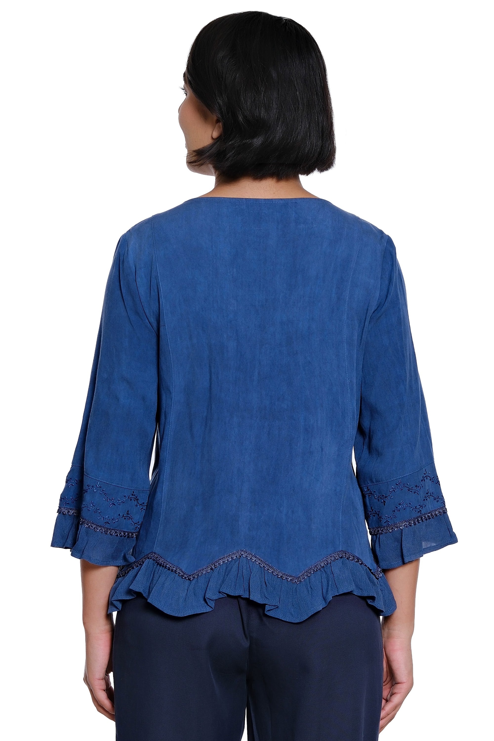 Woven Button Front Top with V-Neck Embroidery and Handkerchief Hem - Indigo - view 2