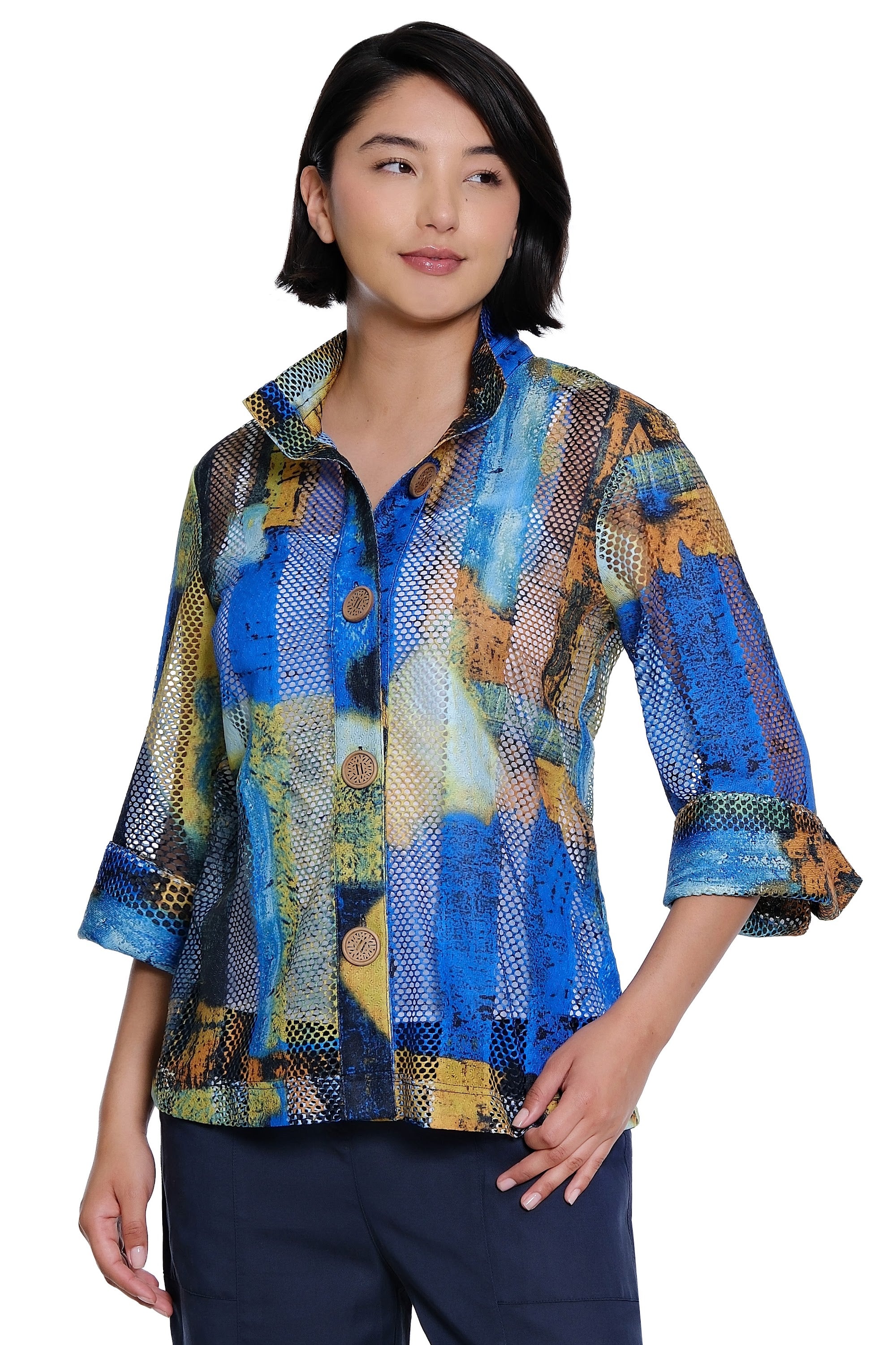 Printed Woven Textured Jacket with Wire Collar and 3/4 Sleeves - Plus - Blue Abstract Print