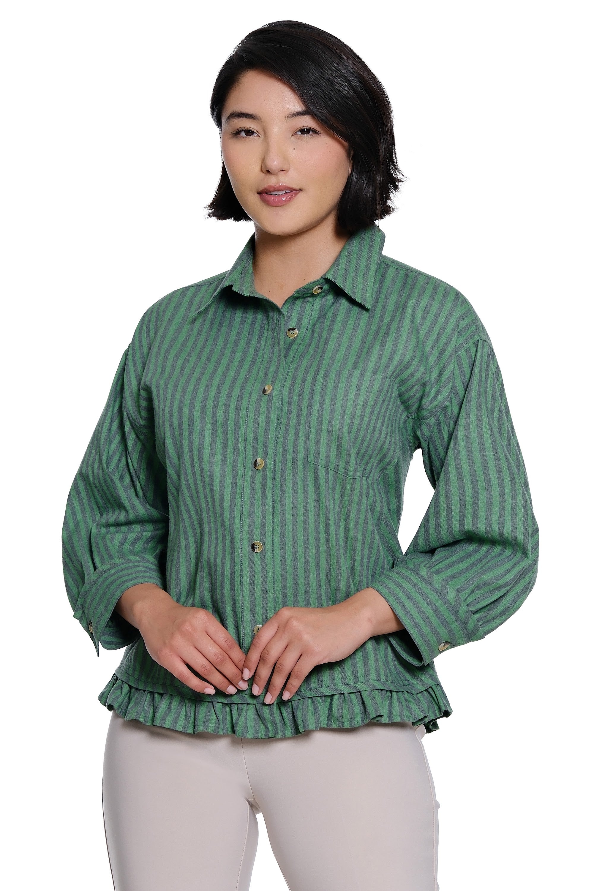 Y/D Woven Button Front Top with 3/4 Sleeves and Curved Ruffle Hem - Petite - Herb Stripe