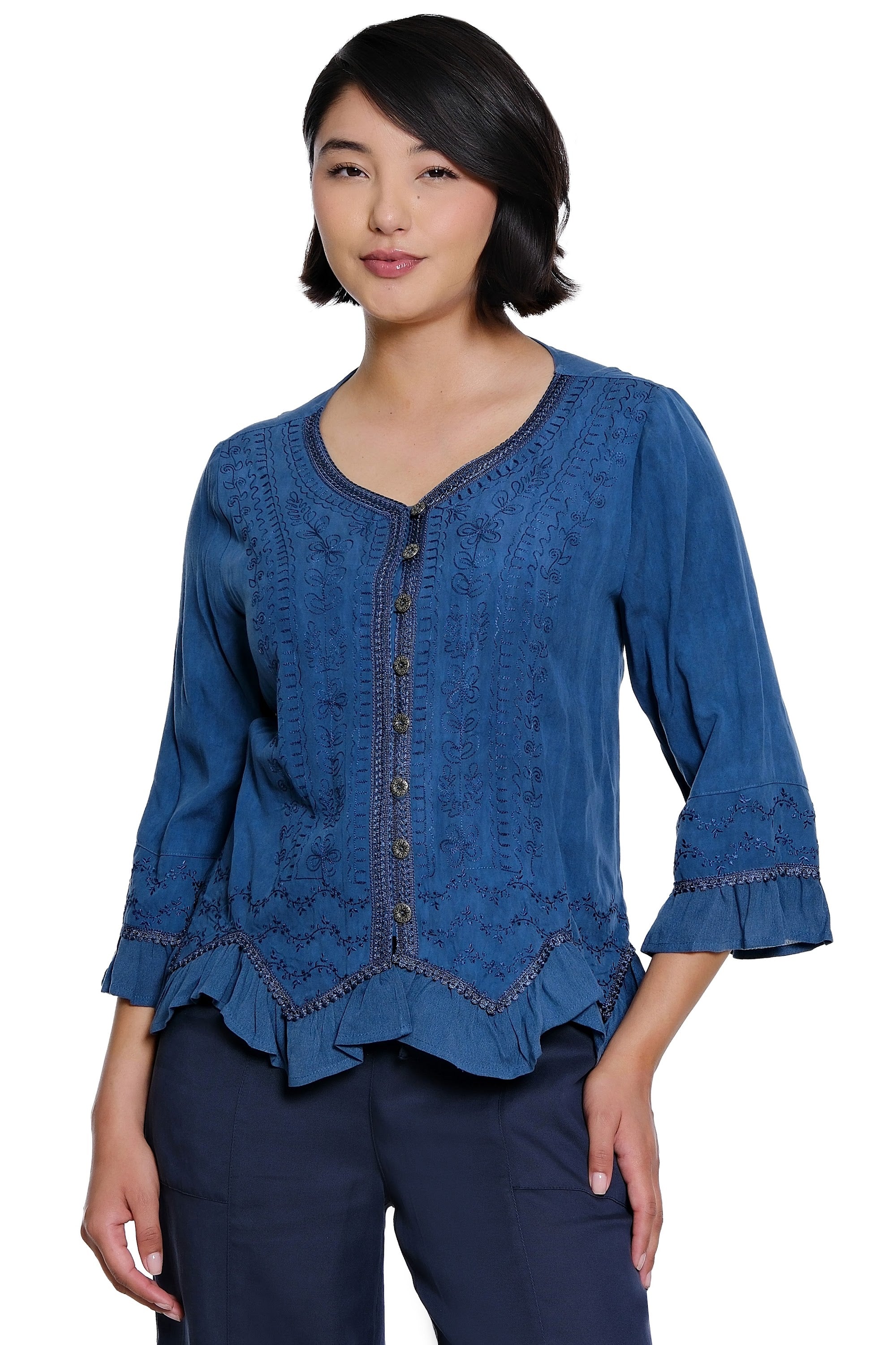 Woven Button Front Top with V-Neck Embroidery and Handkerchief Hem - Plus - Indigo