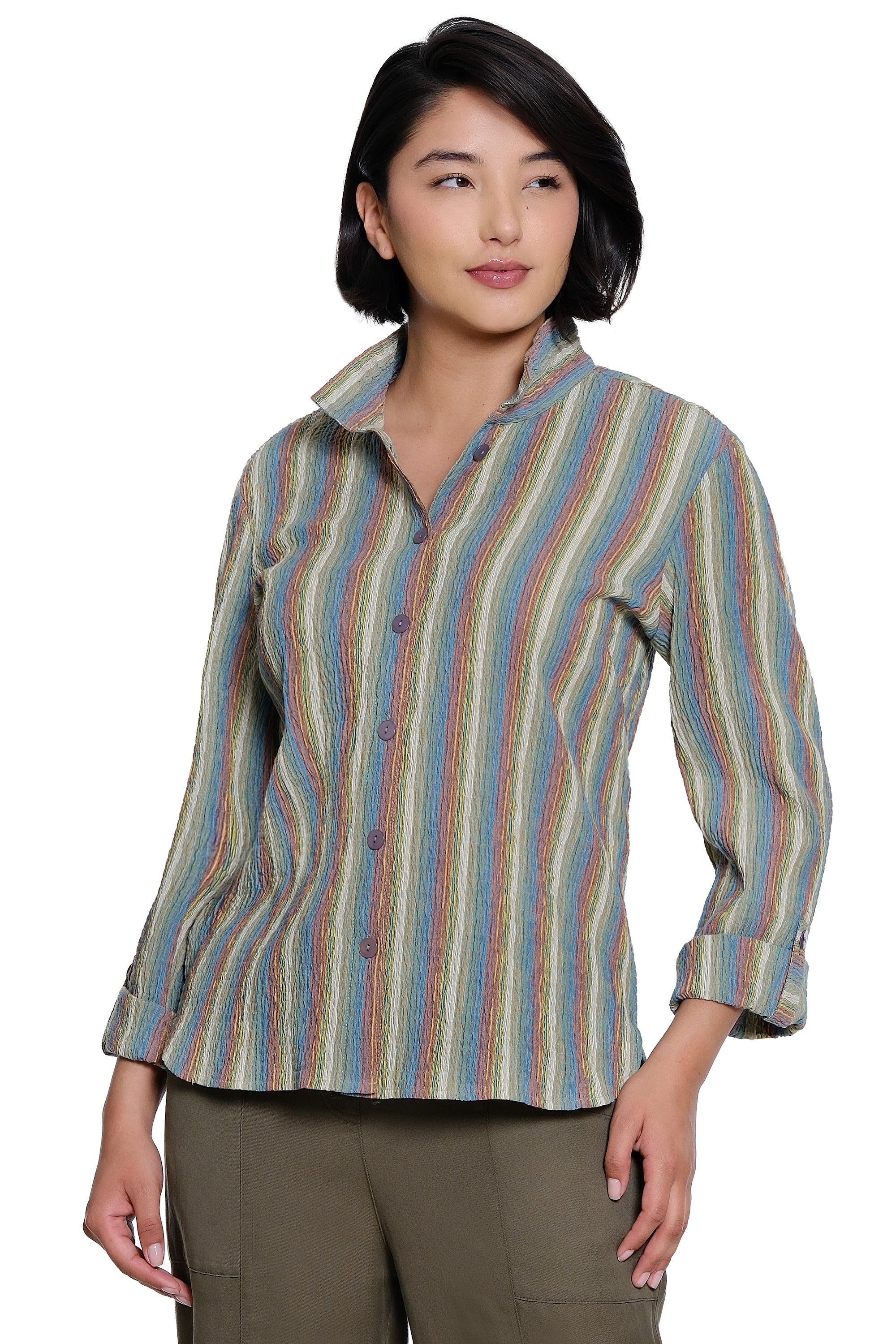 Y/D Textured Knit Button Front Top with Point Collar and 3/4 Roll-Tab Sleeves - Petite - Multi