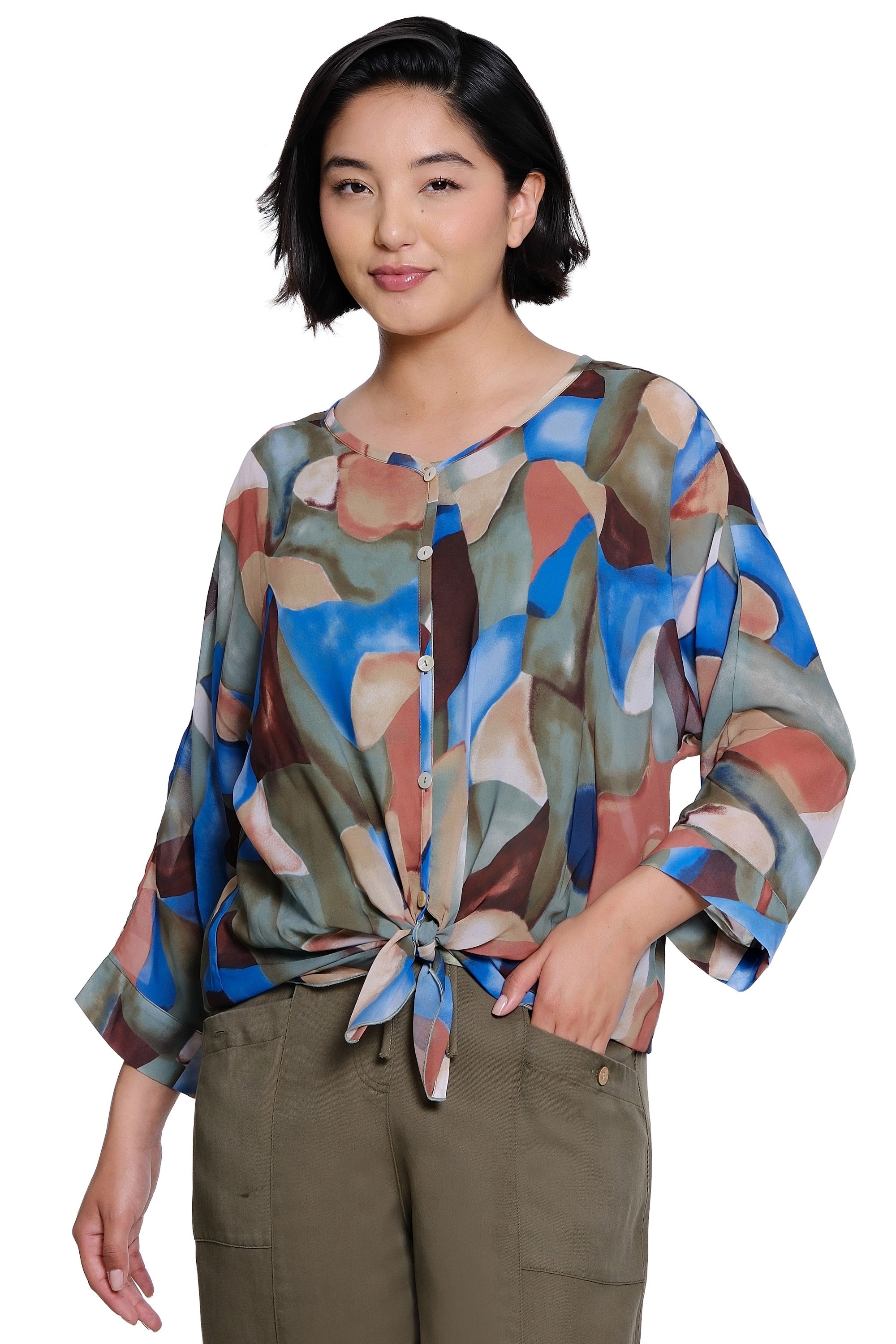 Printed Woven Button Front Top with Dolman Sleeves and Tie Front - Plus - Geo Multi