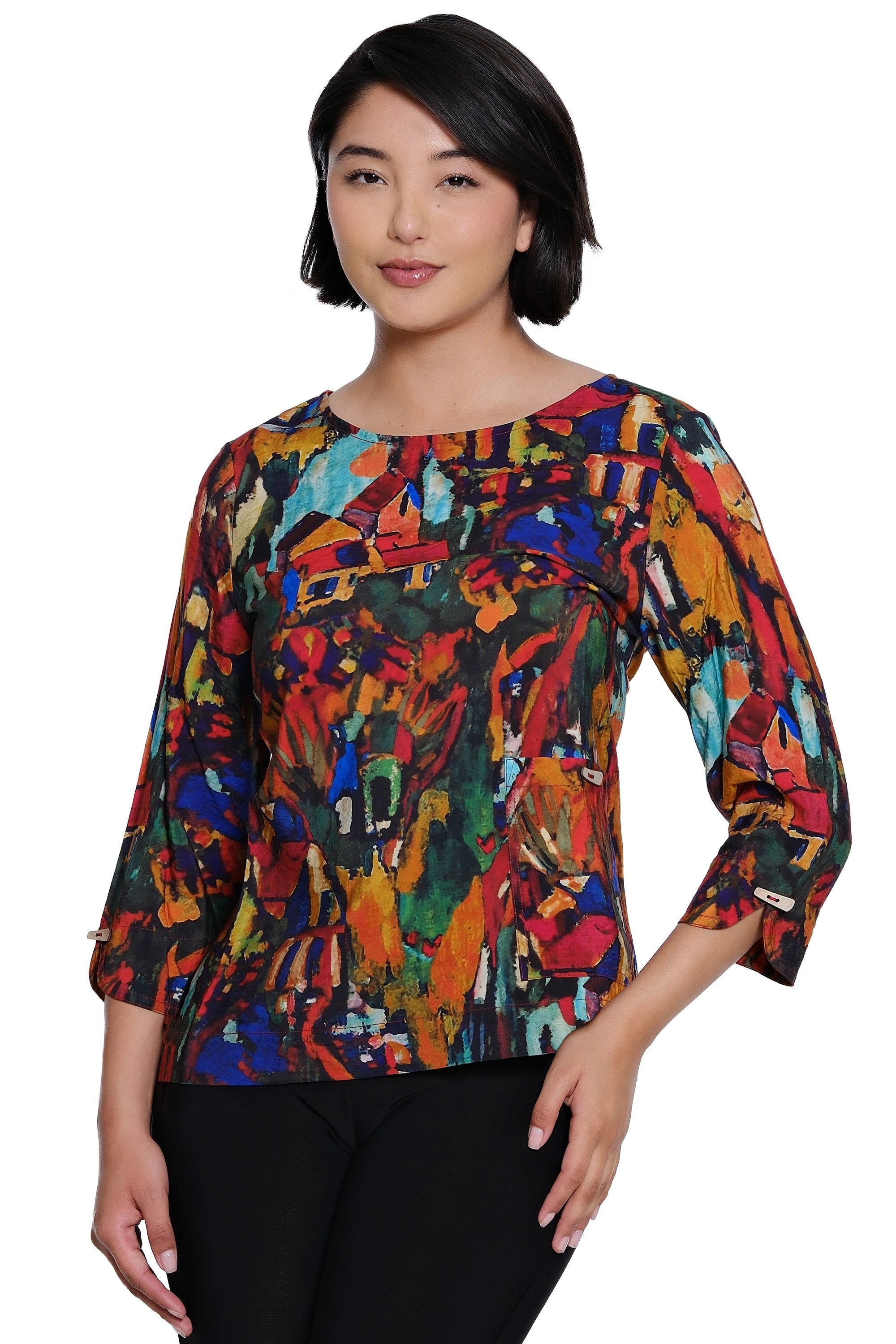 Printed Woven Popover with Rounded Neck and Front Pockets - Petite - Abstract Multi