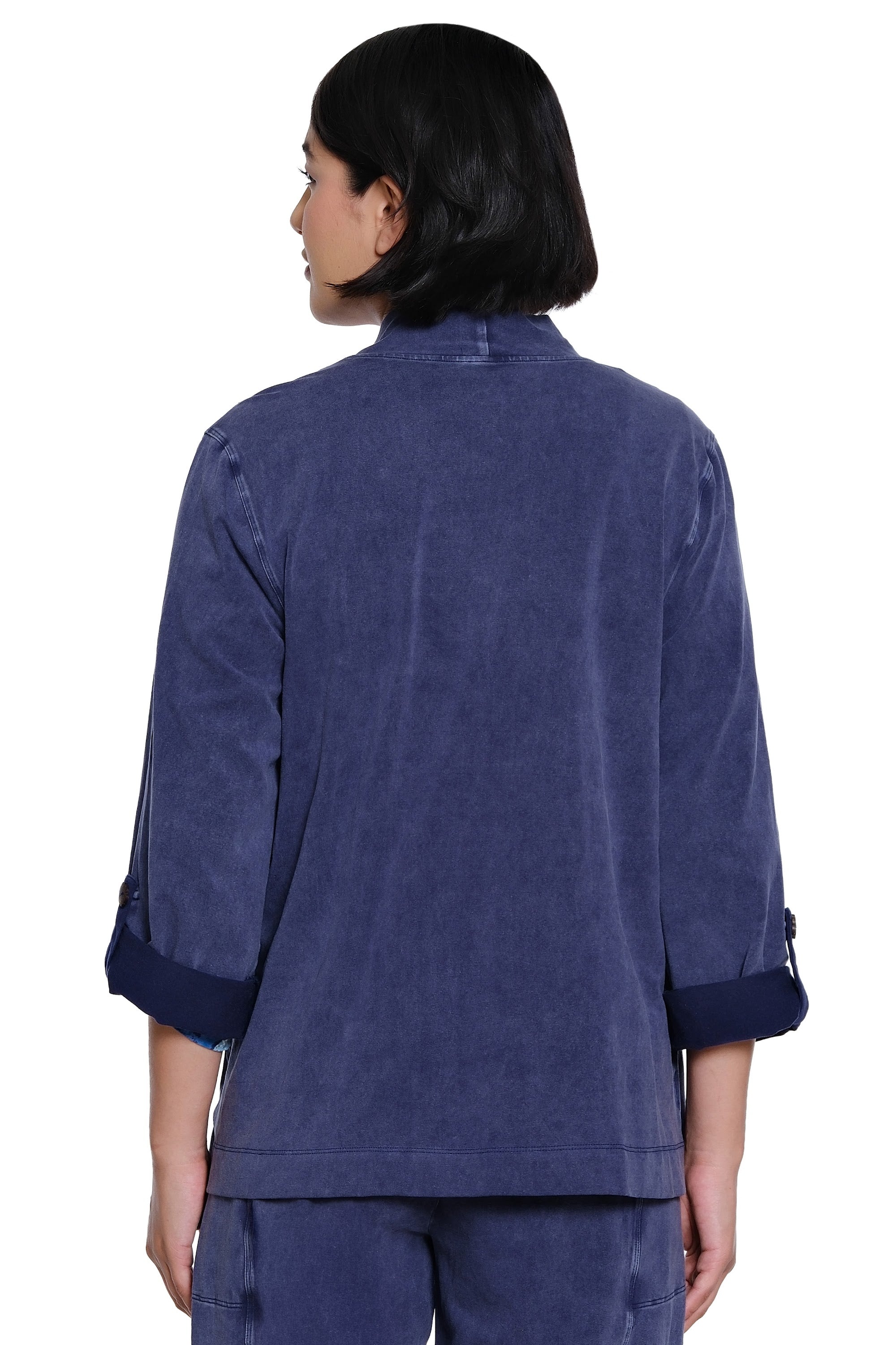 Knit Open Front Jacket with 3/4 Roll-Tab Sleeves and Patch Pockets - Vintage Blue - view 2