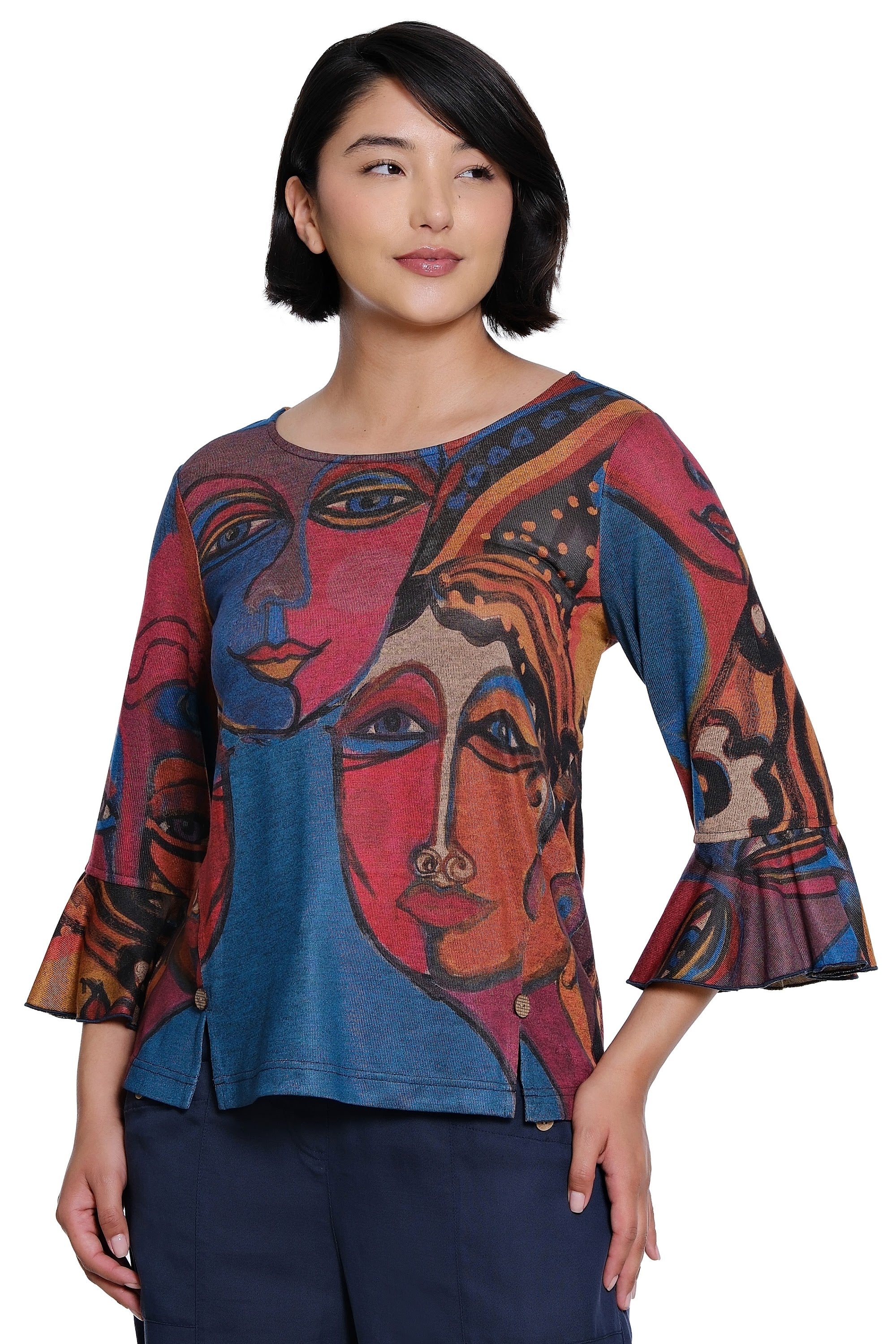 Printed Knit Popover with Rounded Collar and 3/4 Bell Cuff Sleeves - Abstract Multi