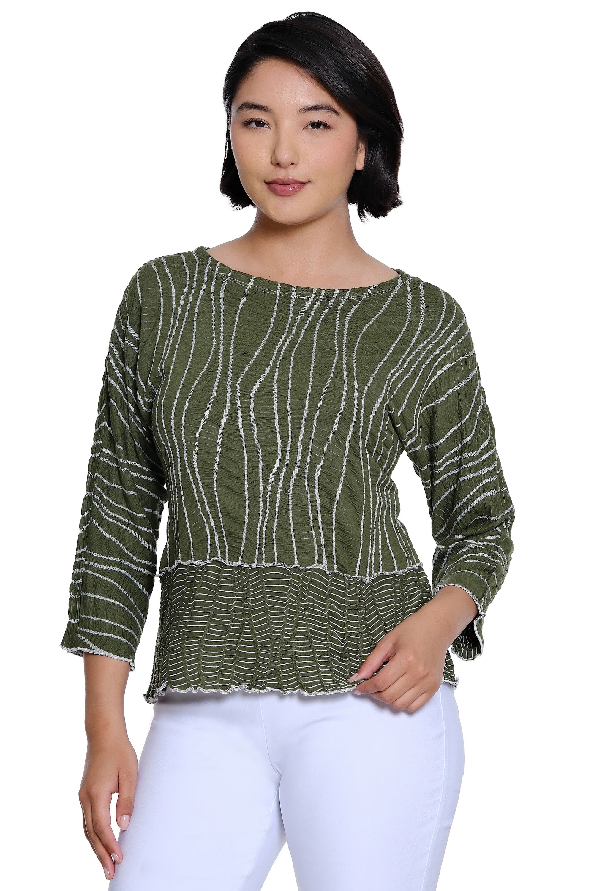 Y/D Textured Knit Popover Top with Rounded Neck and 3/4 Raglan Sleeves - Olive
