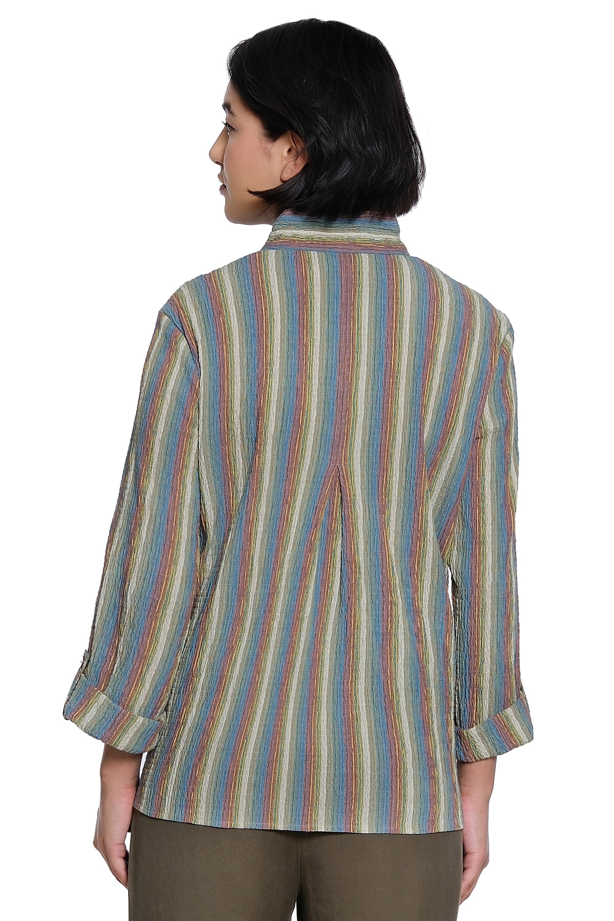 Y/D Textured Knit Button Front Top with Point Collar and 3/4 Roll-Tab Sleeves - Petite - Multi - view 2