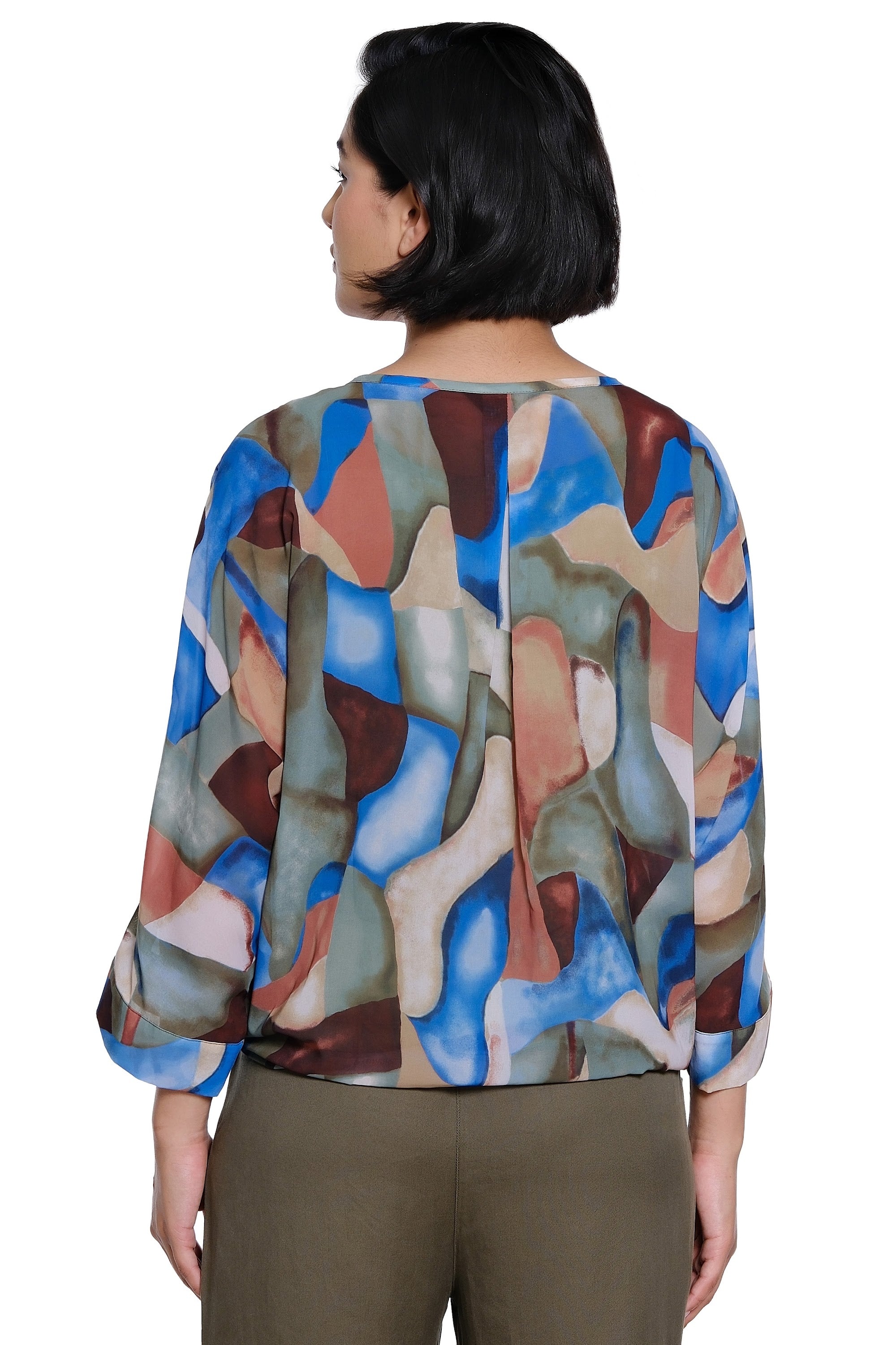 Printed Woven Button Front Top with Dolman Sleeves and Tie Front - Petite - Geo Multi - view 2