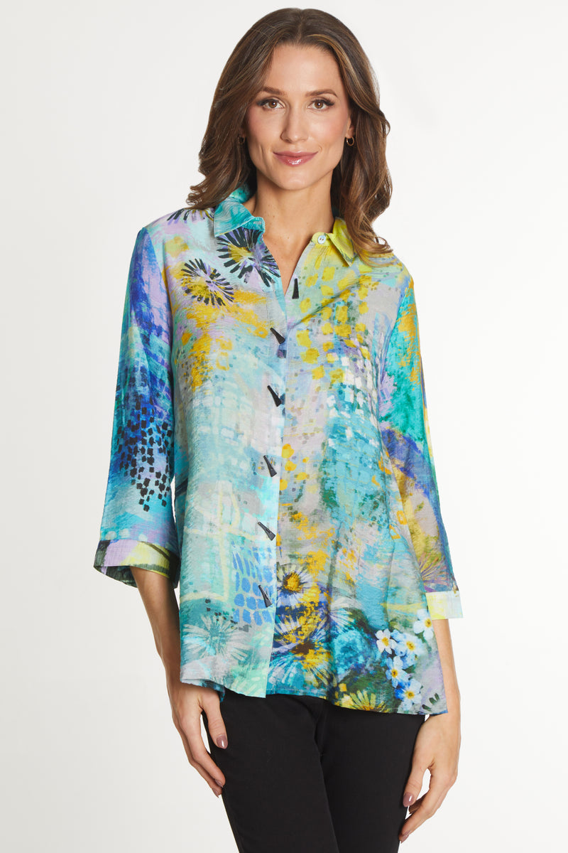 Woven Button Front Tunic - Petite - Abstract Multi