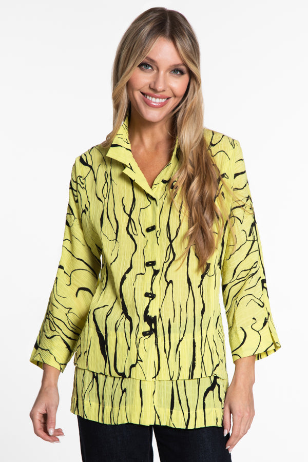 Textured Printed Woven Button Front Tunic - Petite - Soft Lime