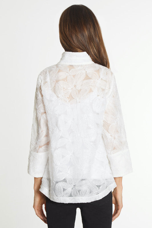 Embroidered Button Front Jacket- Petite- White