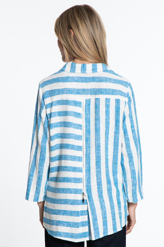Woven Yarn-Dye Stripe Button Front Tunic- Missy- Turquoise