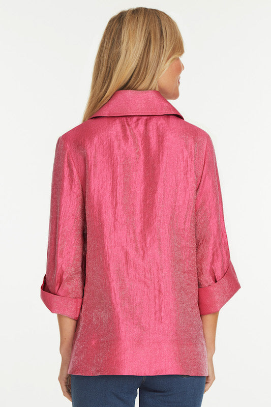 Woven Shimmer Button Front Jacket- Petite- Bright Pink