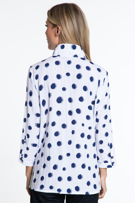 Printed Woven Button Front Tunic- Petite- Navy Print