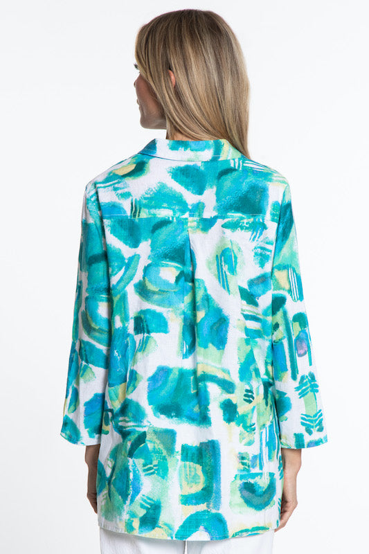 Printed Woven Button Front Tunic- Blue Print