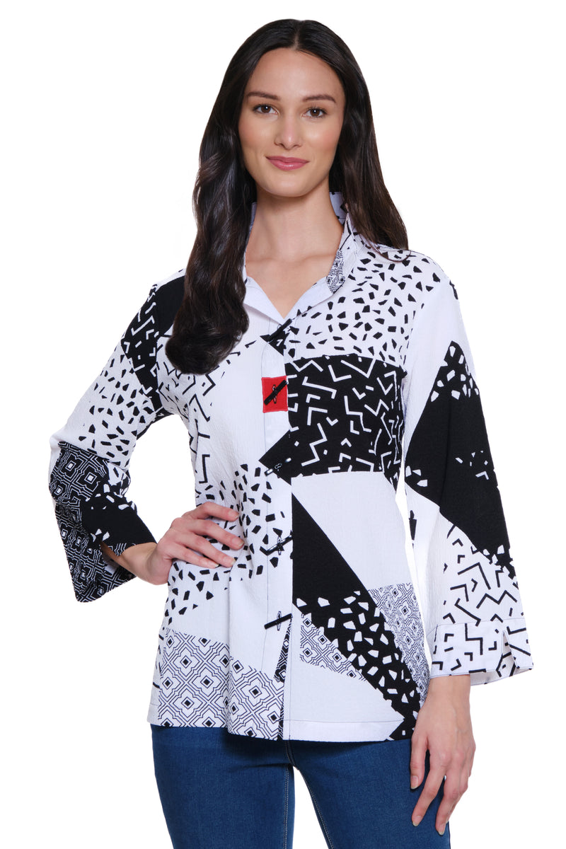 Woven Mixed Media Button Front Tunic - Petite - Black/White