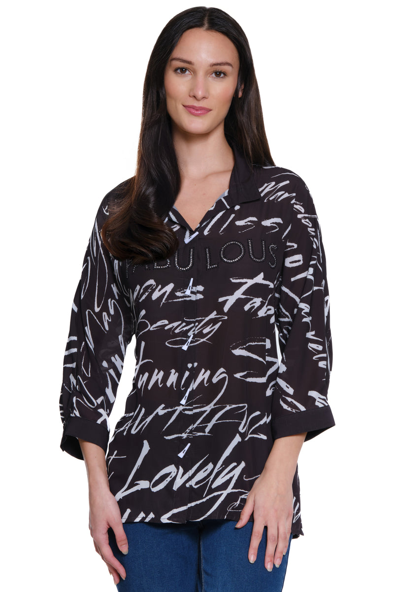 Woven Print Tunic with Crystal Detail - Women's - Black/White Print