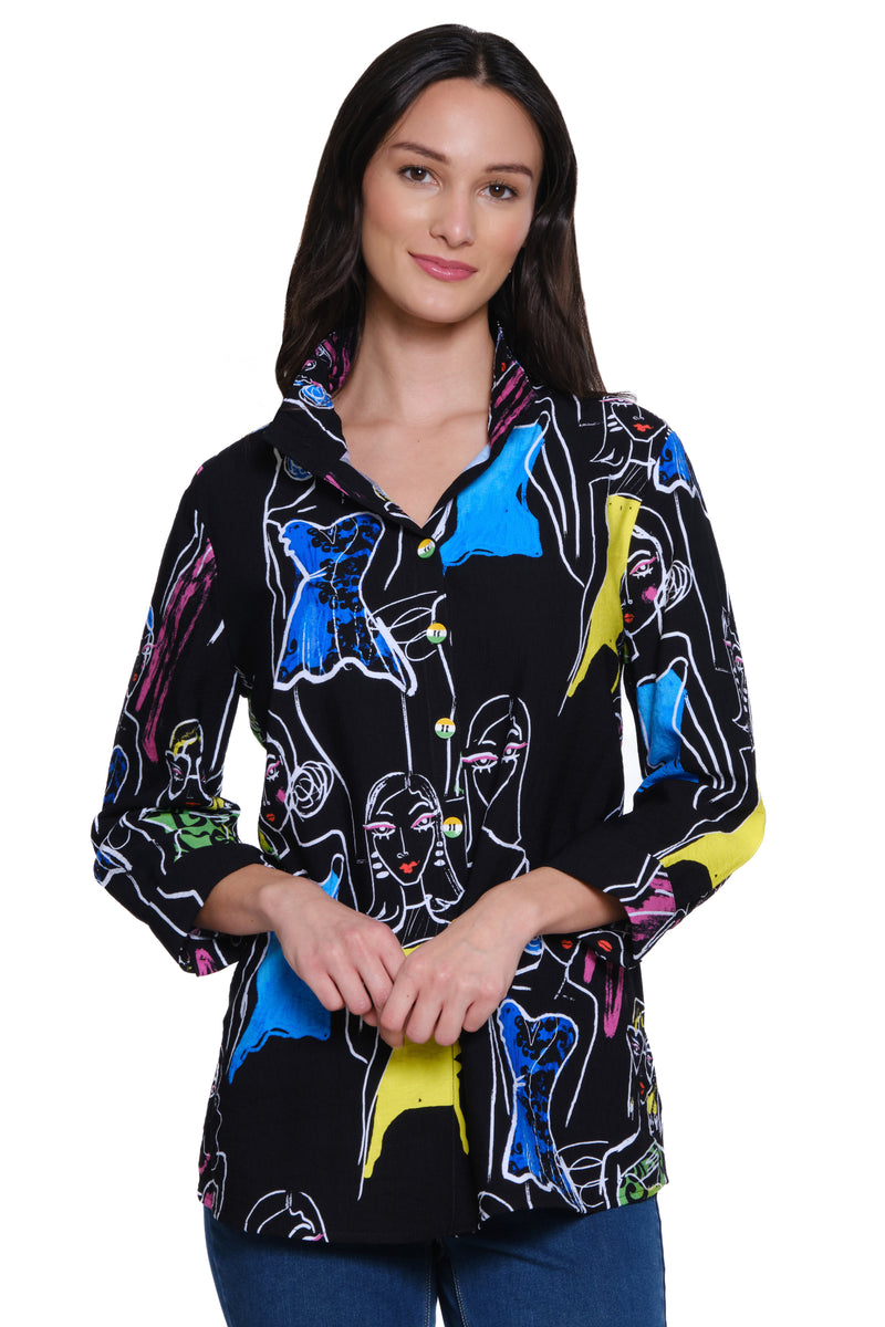 Printed Faces Button Front Tunic - Abstract Multi