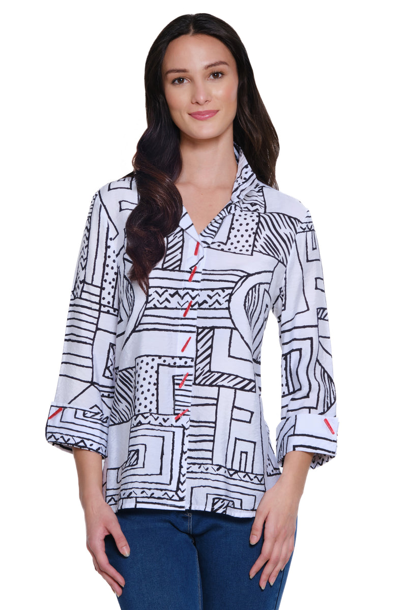 Wire Neck Woven Tunic- Black/White Print