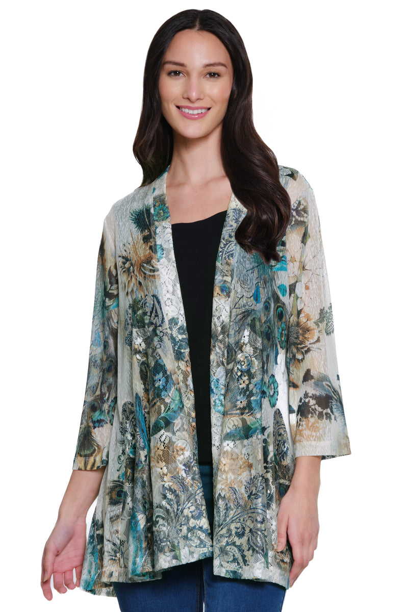 Open Front Print Kimono - Women's - Neutral Print