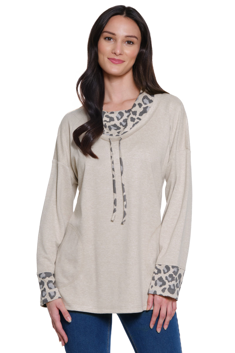 Cowl Neck Pullover - Neutral Animal