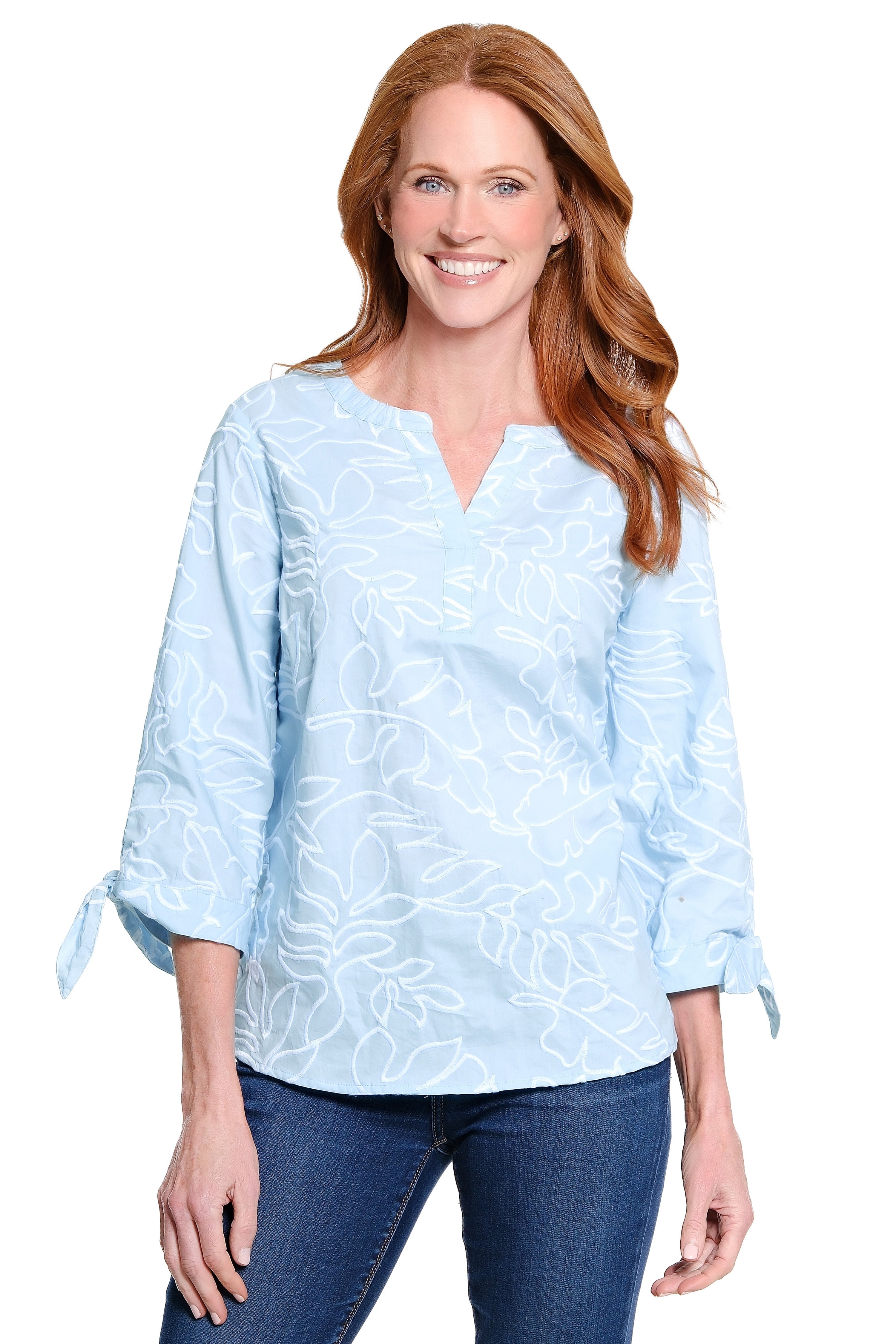 Embroidered Popover Top with Tie Sleeves - Breeze