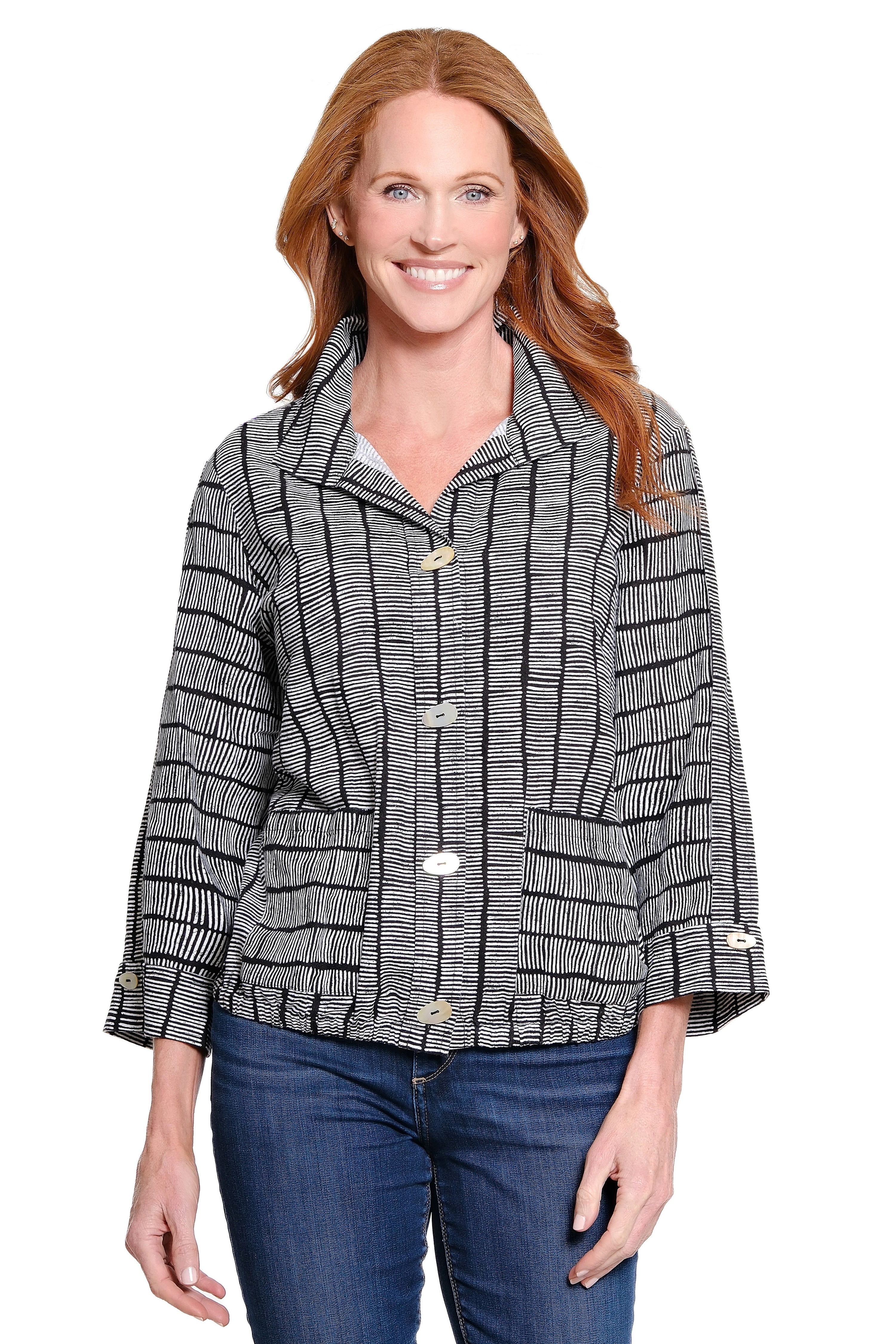 Point-Collar Woven Blouse - Charcoal Print