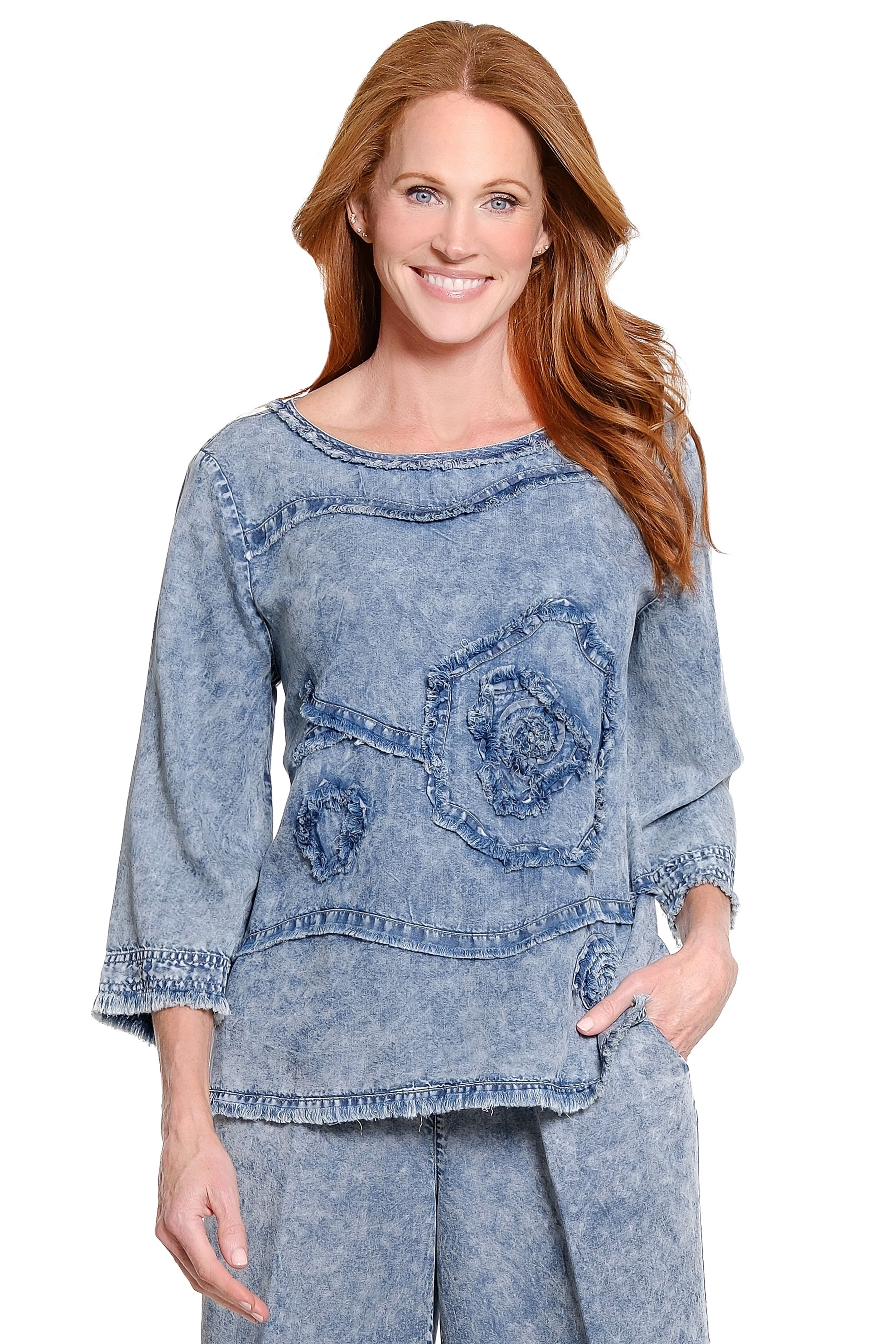 Appliqué Detail Tunic with Raw Edges - Denim